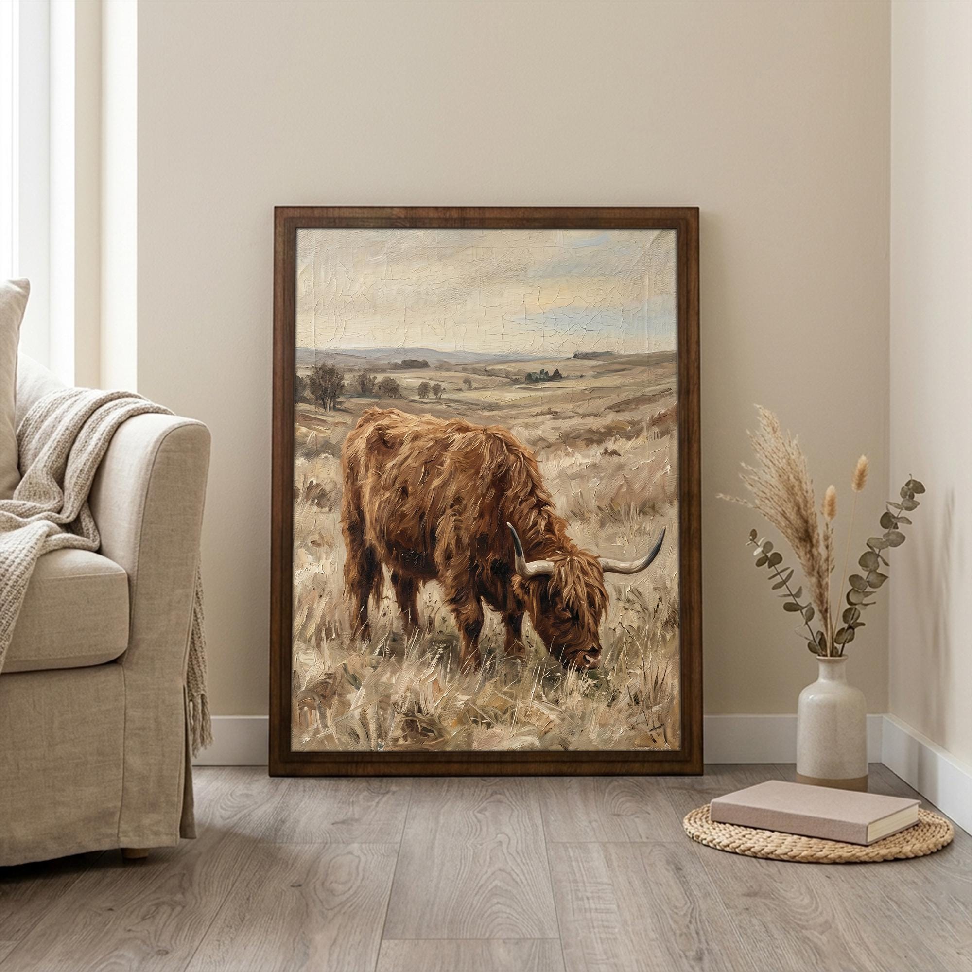 Highland Cow Vintage Oil Painting Canvas Wood Art, Farmhouse Wall Decor, Rustic Countryside Landscape, Scottish Cow Print