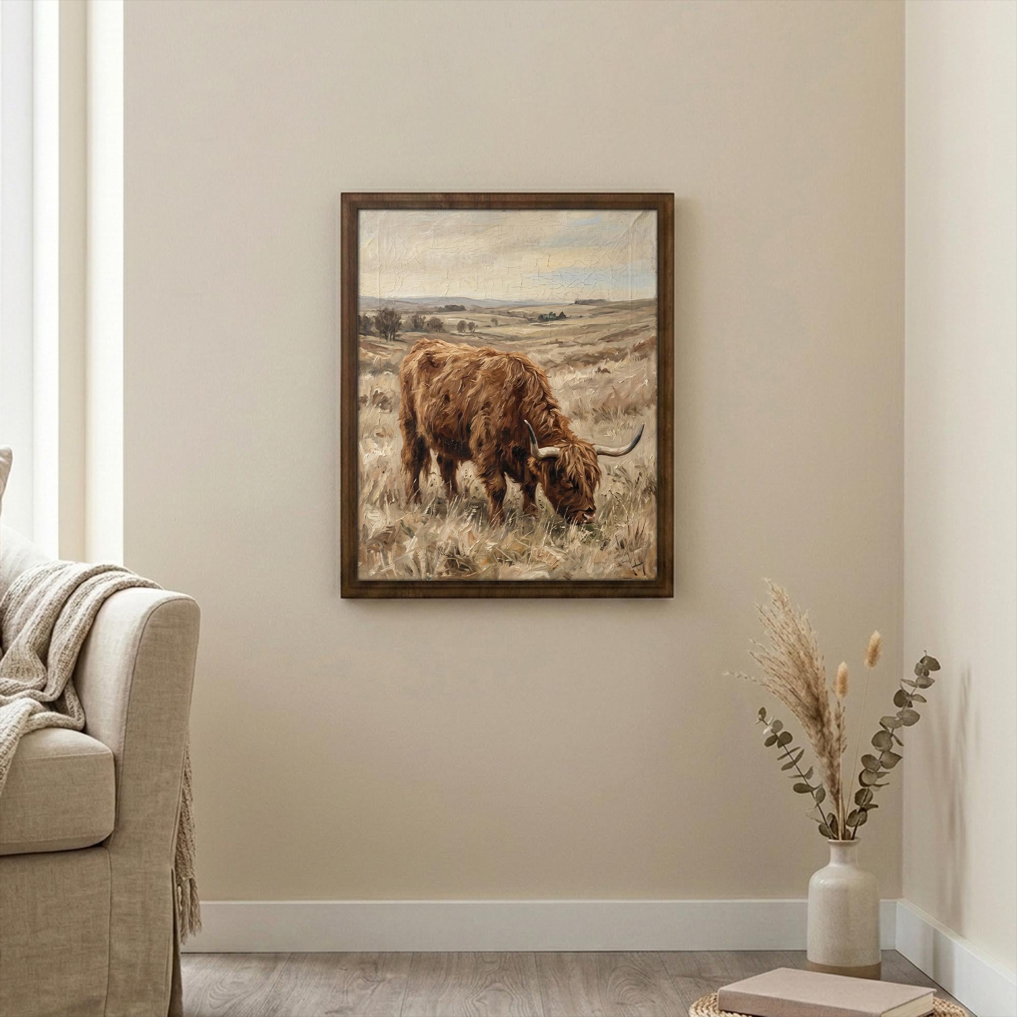 Highland Cow Vintage Oil Painting Canvas Wood Art, Farmhouse Wall Decor, Rustic Countryside Landscape, Scottish Cow Print