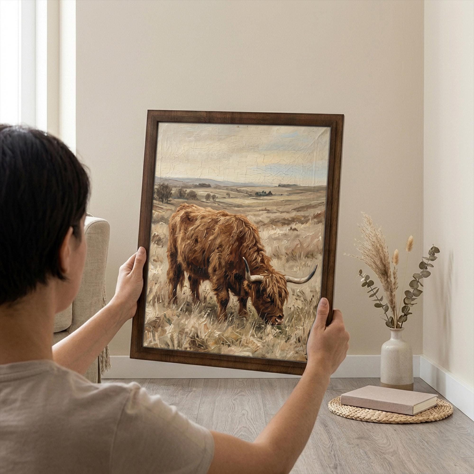 Highland Cow Vintage Oil Painting Canvas Wood Art, Farmhouse Wall Decor, Rustic Countryside Landscape, Scottish Cow Print