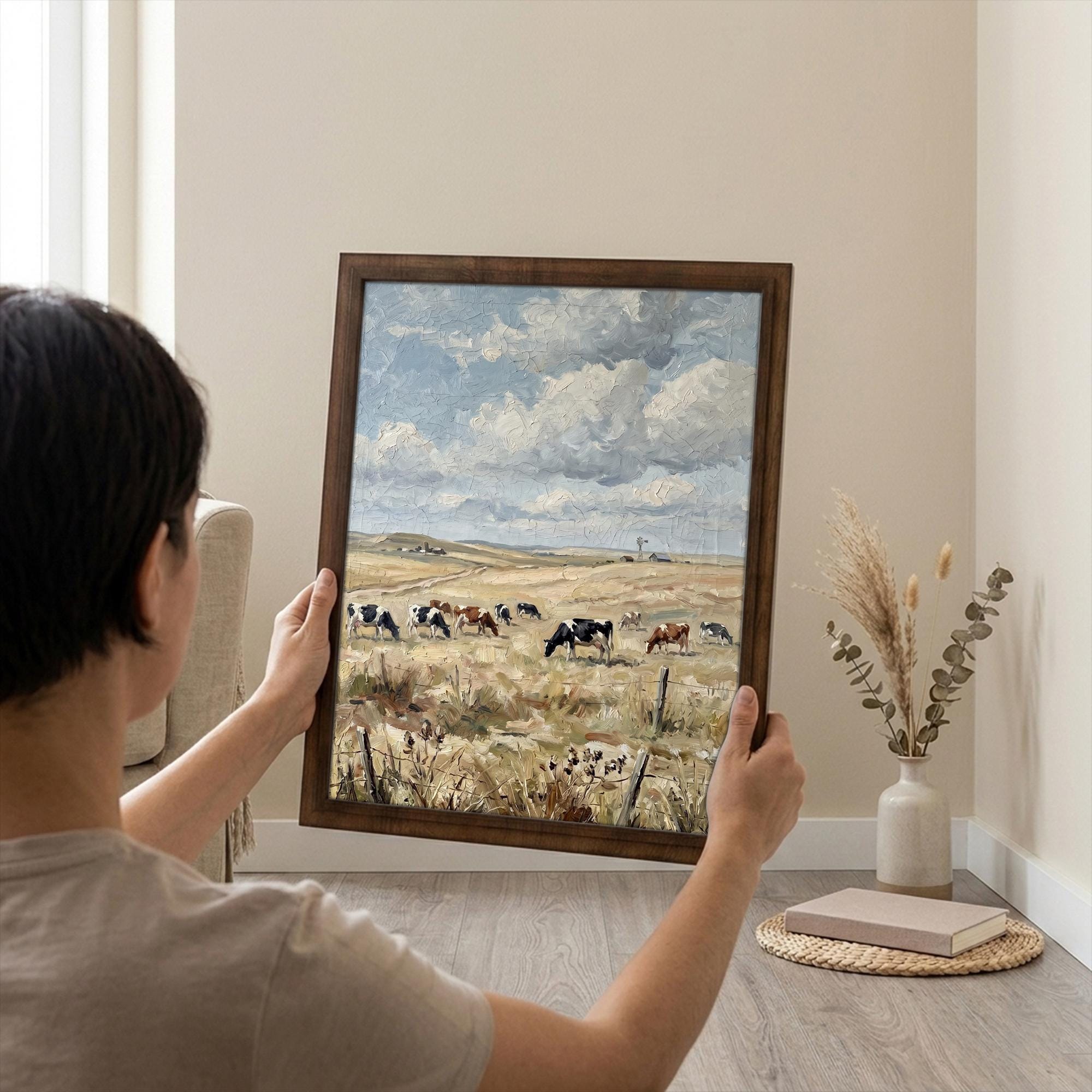 Framed Cow Oil Painting, Vintage Farmhouse Wall Art, Countryside Landscape Decor, Rustic Cow Print, Large Canvas Wood Frame, Farm Art