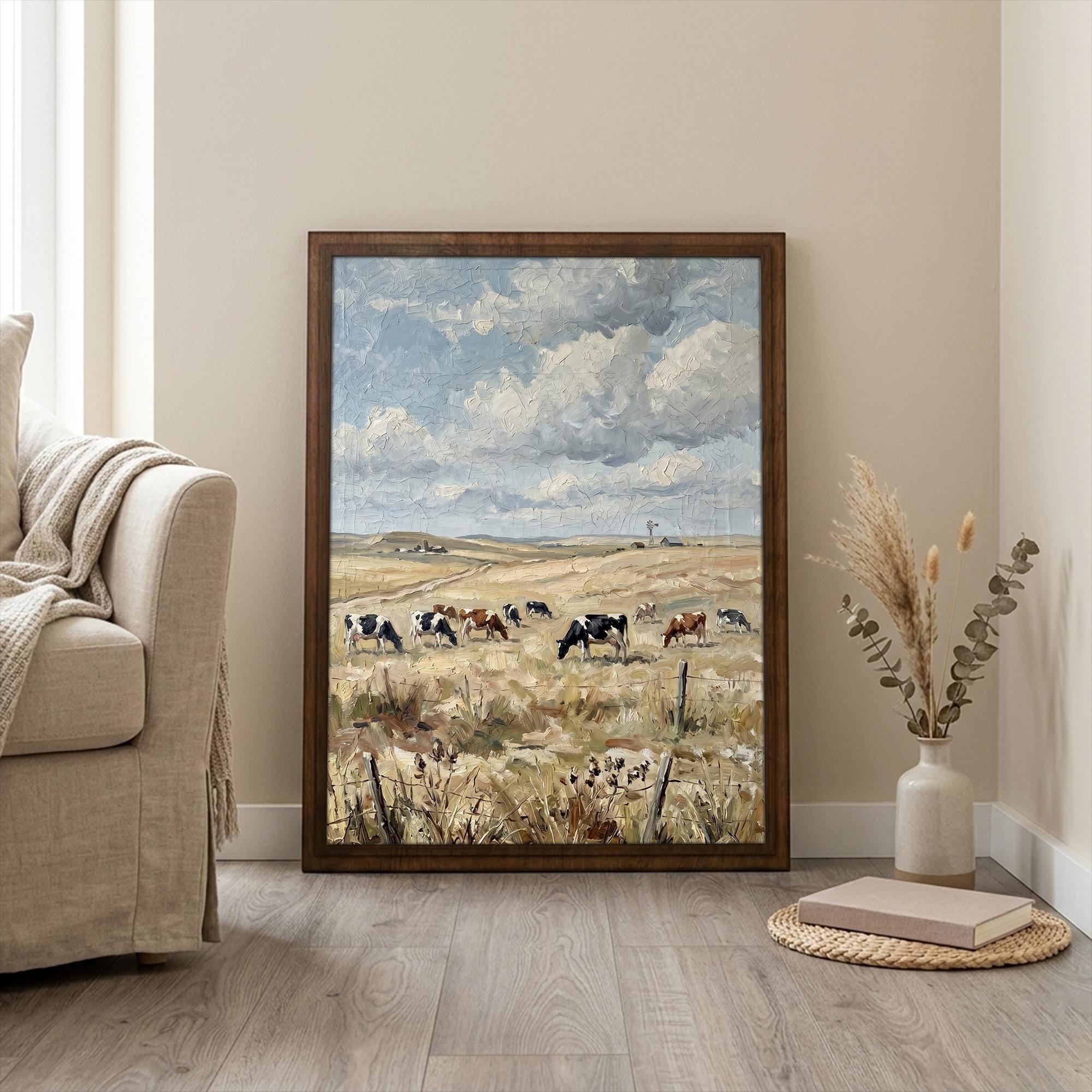 Framed Cow Oil Painting, Vintage Farmhouse Wall Art, Countryside Landscape Decor, Rustic Cow Print, Large Canvas Wood Frame, Farm Art