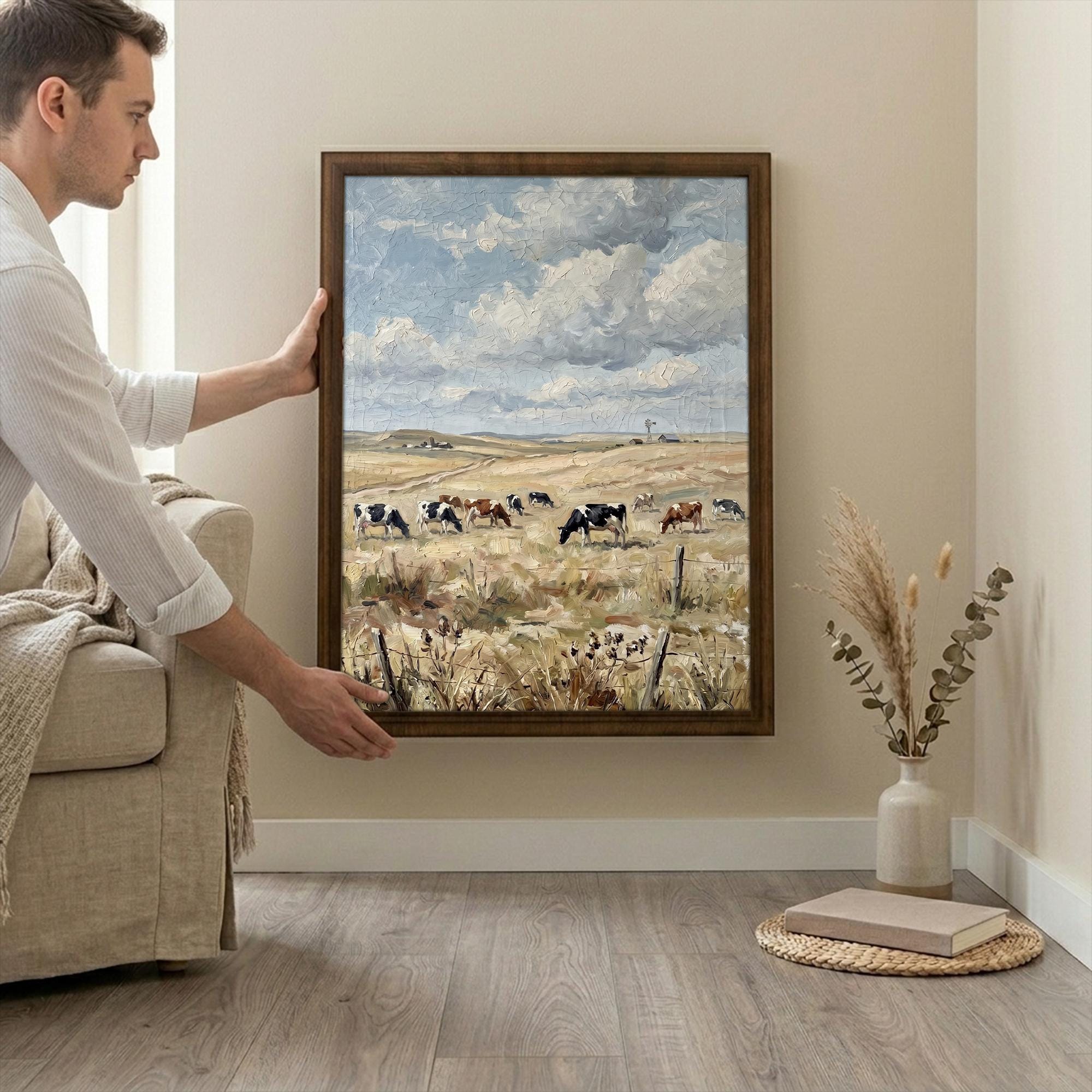 Framed Cow Oil Painting, Vintage Farmhouse Wall Art, Countryside Landscape Decor, Rustic Cow Print, Large Canvas Wood Frame, Farm Art