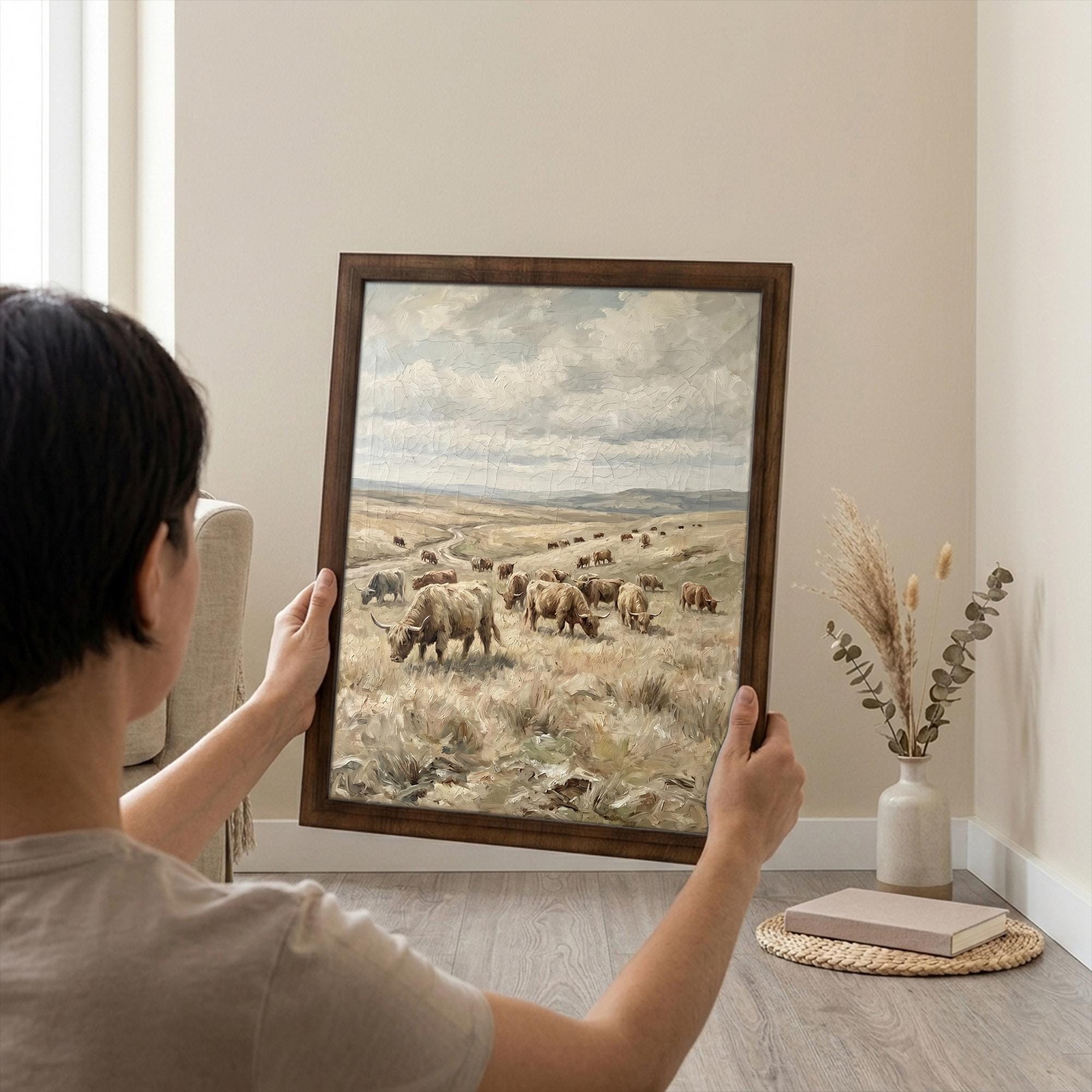 Framed Highland Cow Art, Vintage Farmhouse Decor, Scottish Cattle Painting, Rustic Field Canvas, Wood Frame Landscape Print, Country Art