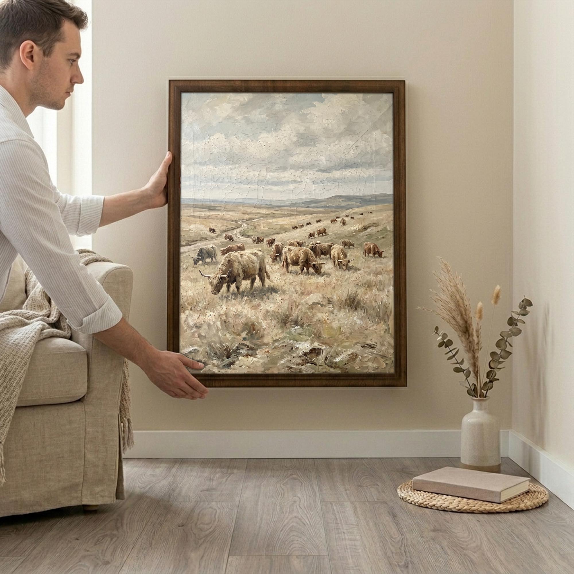Framed Highland Cow Art, Vintage Farmhouse Decor, Scottish Cattle Painting, Rustic Field Canvas, Wood Frame Landscape Print, Country Art