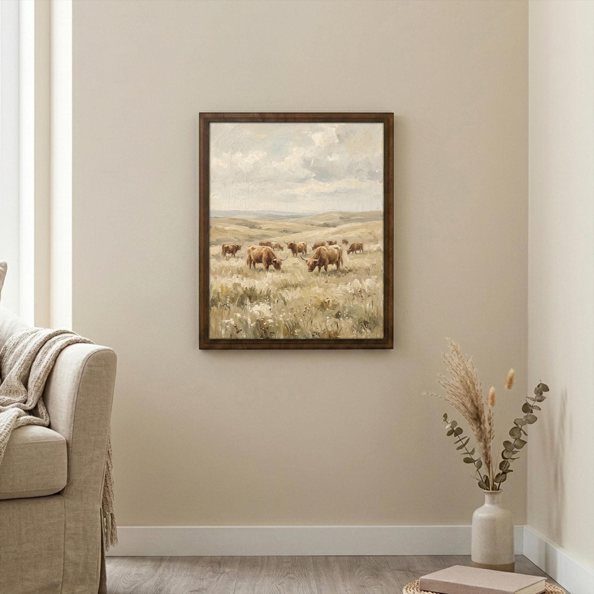 Framed Highland Cow Art, Vintage Farmhouse Decor, Scottish Cattle Painting, Rustic Field Canvas, Wood Frame Landscape Print, Country Art