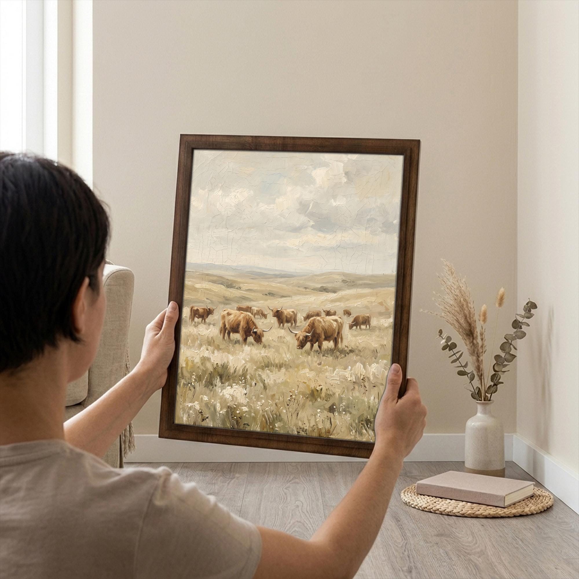 Framed Highland Cow Art, Vintage Farmhouse Decor, Scottish Cattle Painting, Rustic Field Canvas, Wood Frame Landscape Print, Country Art