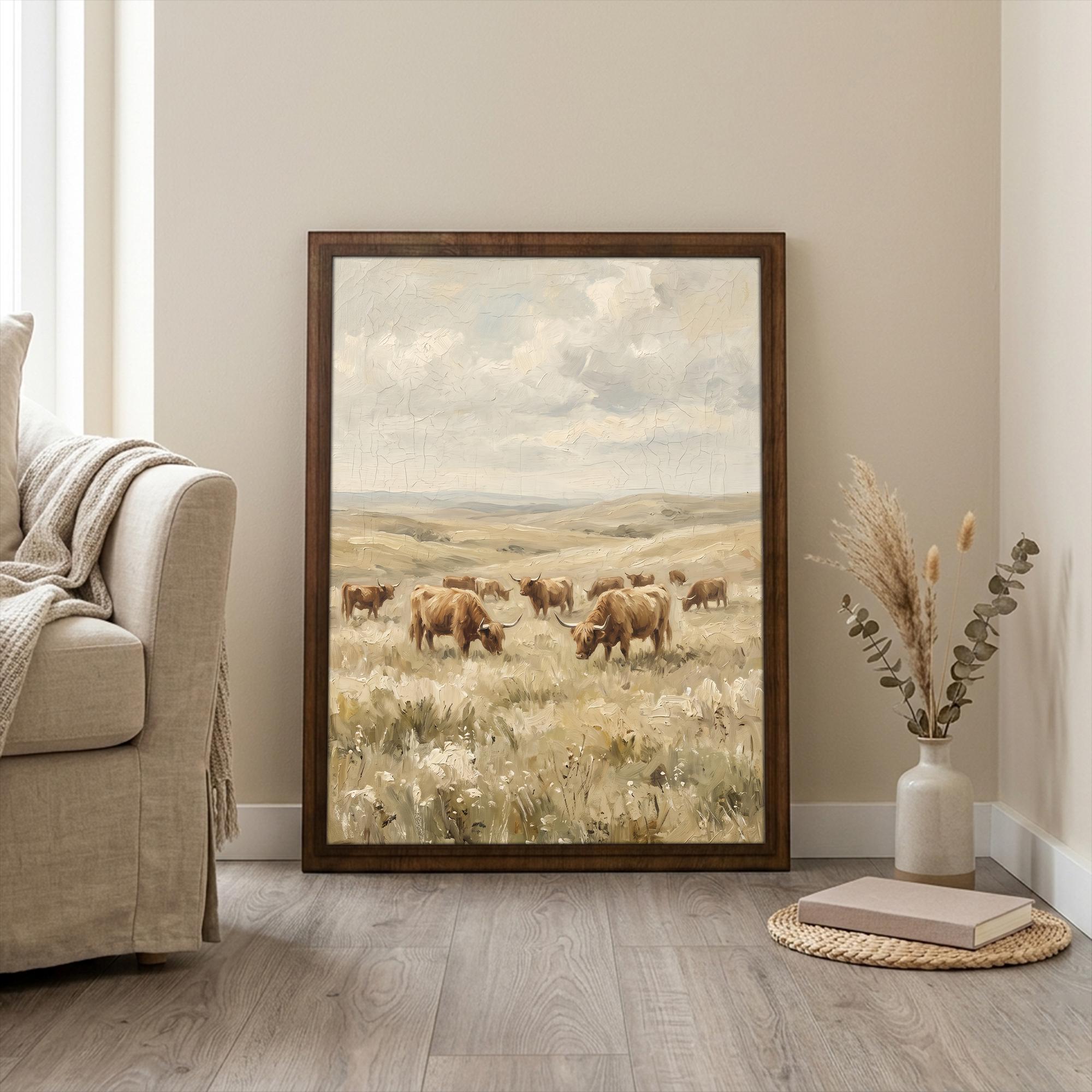 Framed Highland Cow Art, Vintage Farmhouse Decor, Scottish Cattle Painting, Rustic Field Canvas, Wood Frame Landscape Print, Country Art