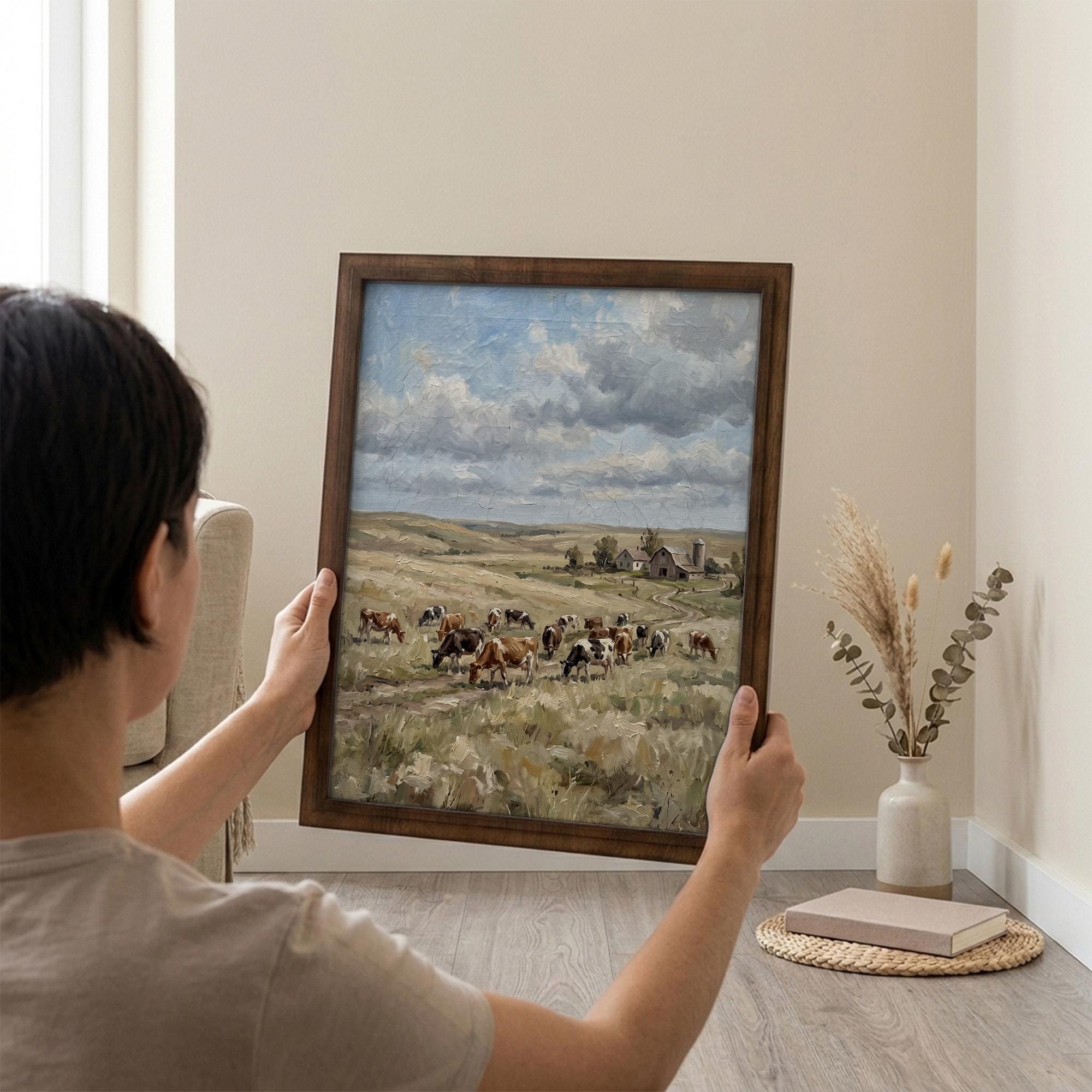 Framed Farmhouse Wall Art, Vintage Barn Oil Painting, Countryside Landscape Decor, Cow Pasture Canvas, Rustic Farm Print, Wood Frame Art