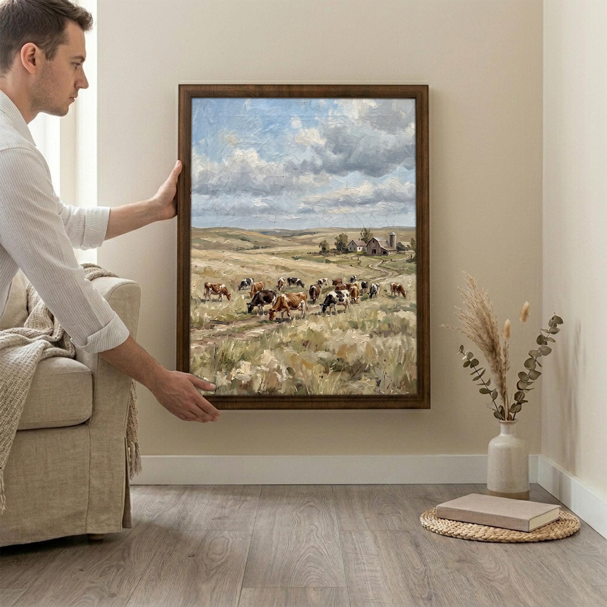 Framed Farmhouse Wall Art, Vintage Barn Oil Painting, Countryside Landscape Decor, Cow Pasture Canvas, Rustic Farm Print, Wood Frame Art