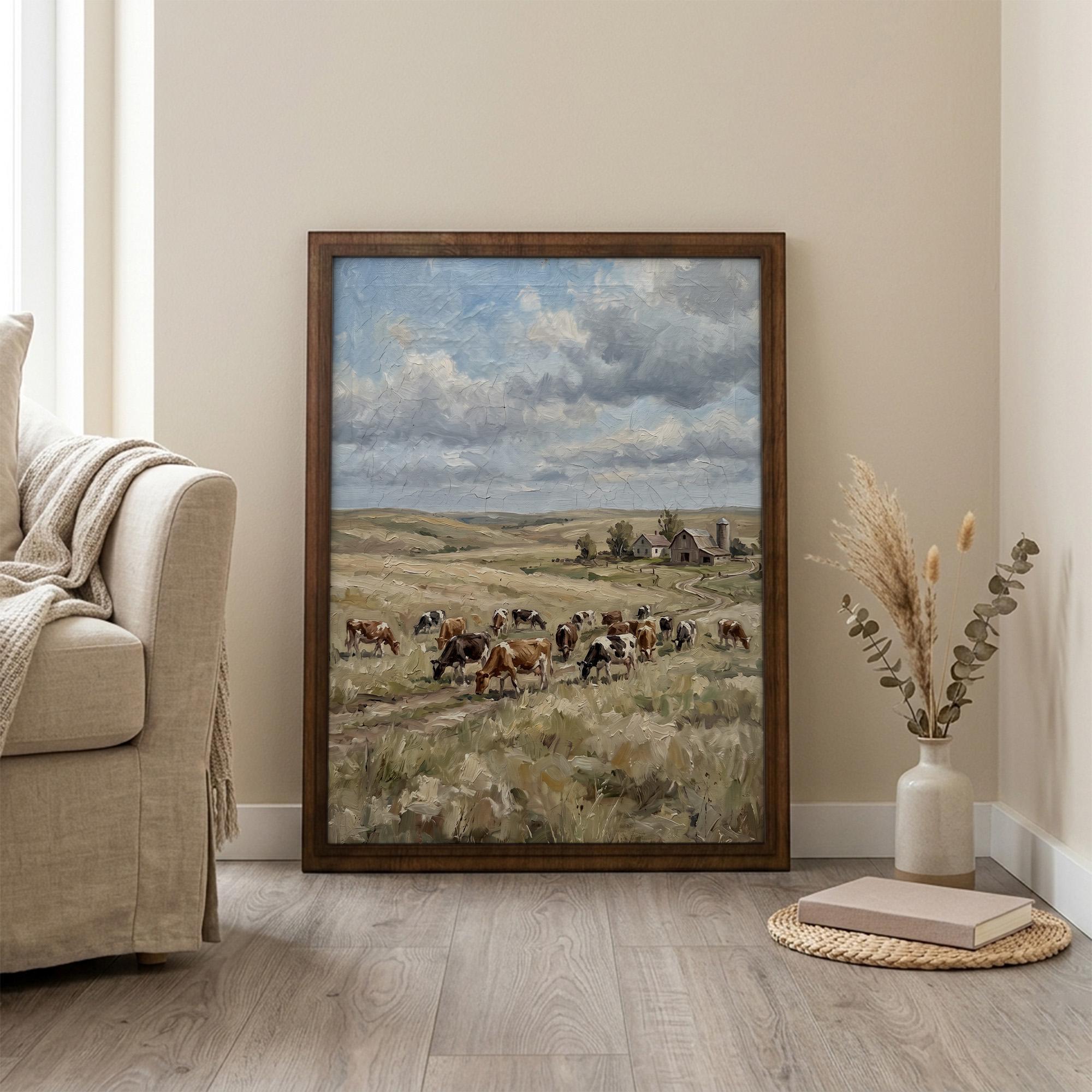 Framed Farmhouse Wall Art, Vintage Barn Oil Painting, Countryside Landscape Decor, Cow Pasture Canvas, Rustic Farm Print, Wood Frame Art