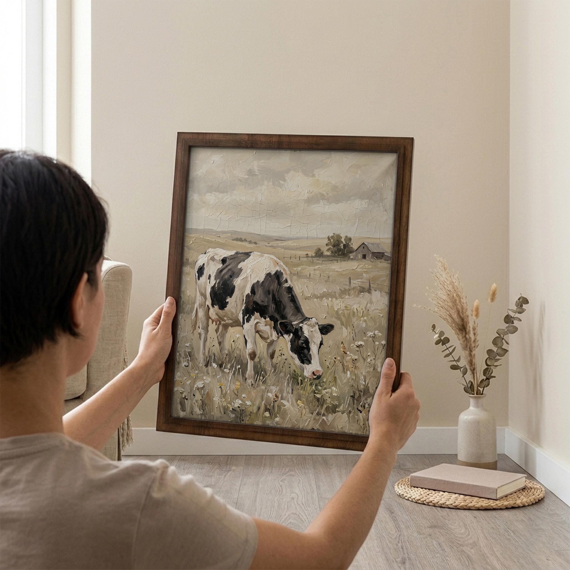 Framed Holstein Cow Art, Vintage Farmhouse Decor, Black White Cow Painting, Rustic Meadow Canvas, Wood Frame Country Print, Barn Art