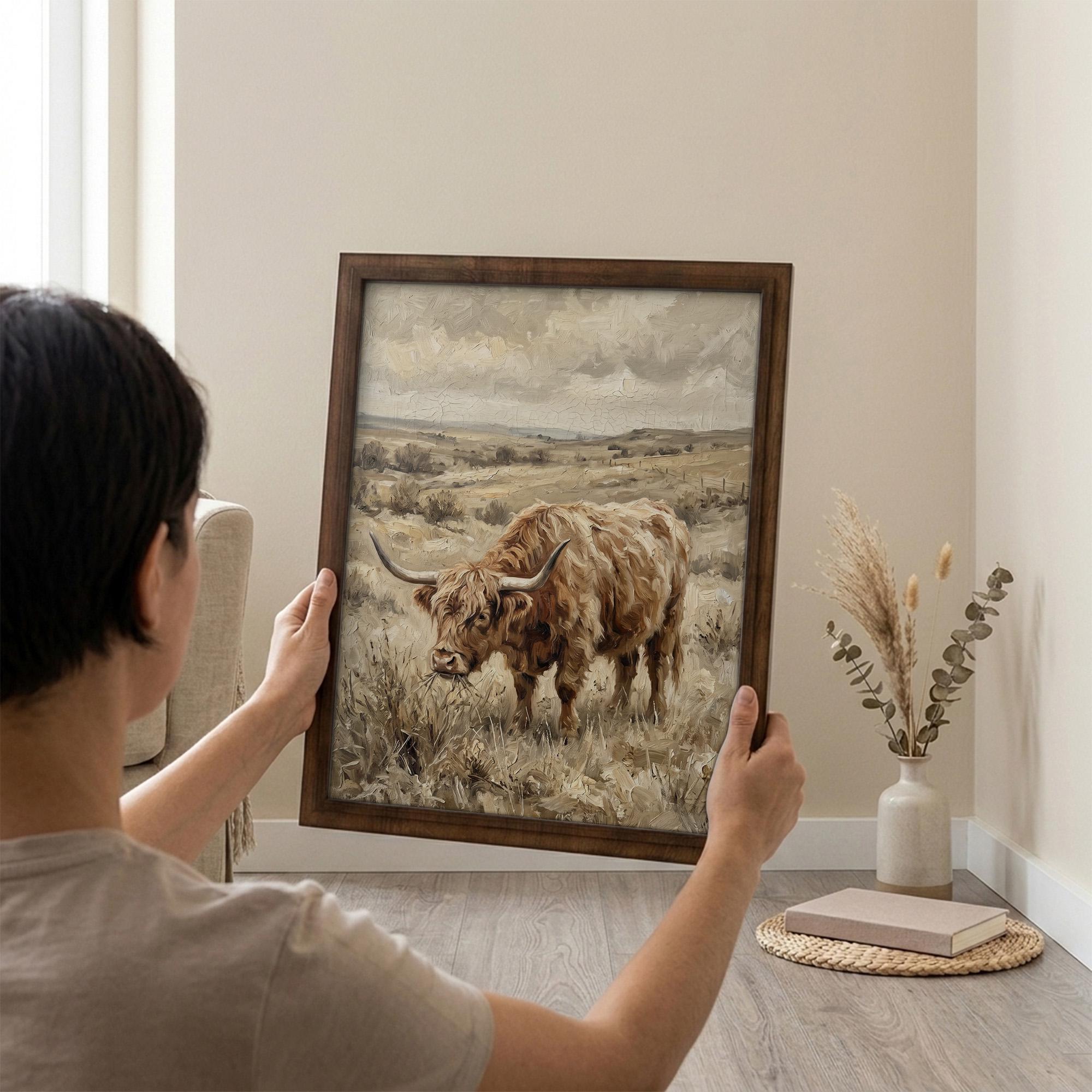 Framed Highland Cow Art, Vintage Farmhouse Decor, Scottish Cattle Painting, Rustic Wildlife Canvas, Wood Frame Country Print, Western Art