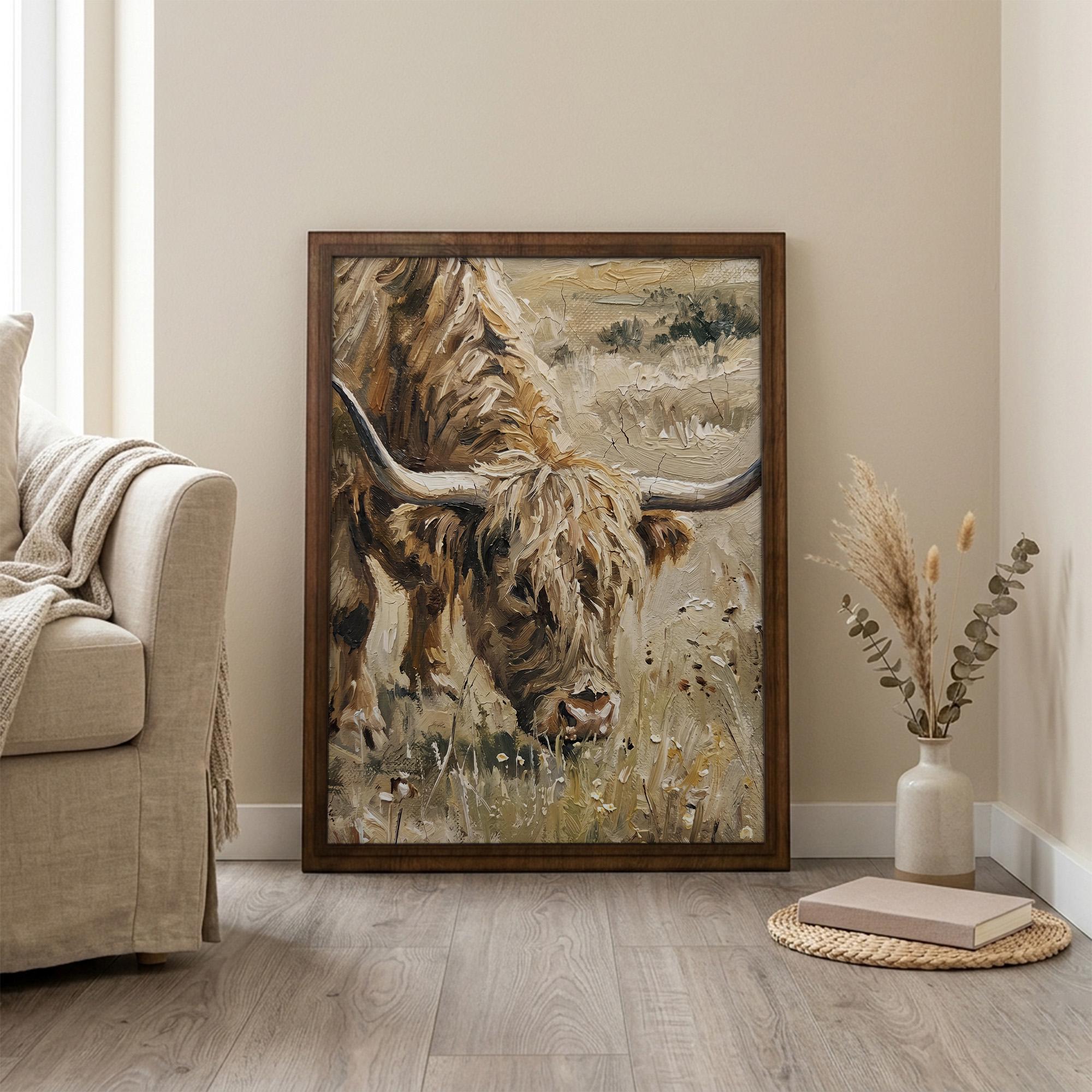 Highland Cow Oil Painting, Vintage Farmhouse Decor, Scottish Cattle Wall Art, Textured Canvas Print, Rustic Animal Poster, Wood Framed