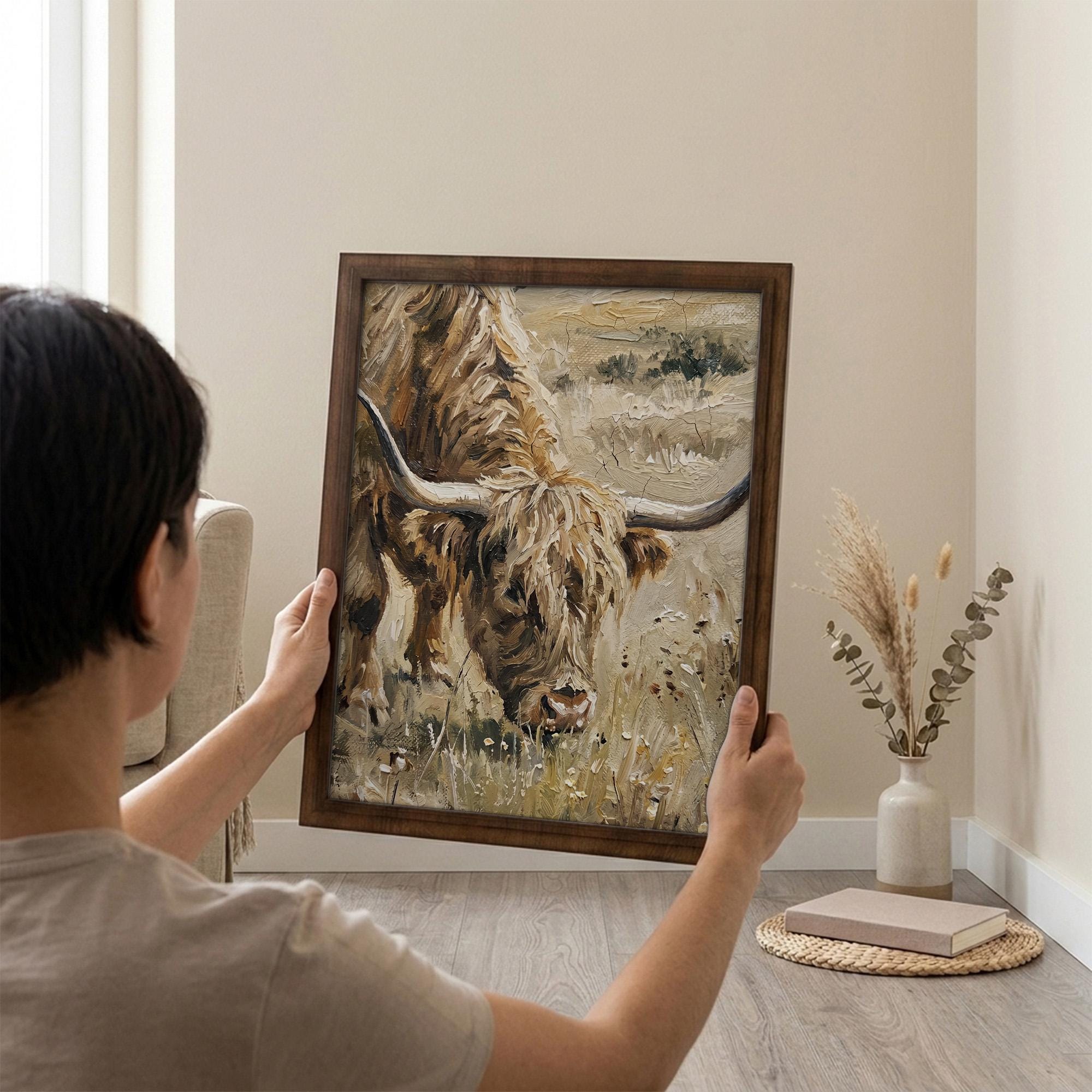 Highland Cow Oil Painting, Vintage Farmhouse Decor, Scottish Cattle Wall Art, Textured Canvas Print, Rustic Animal Poster, Wood Framed