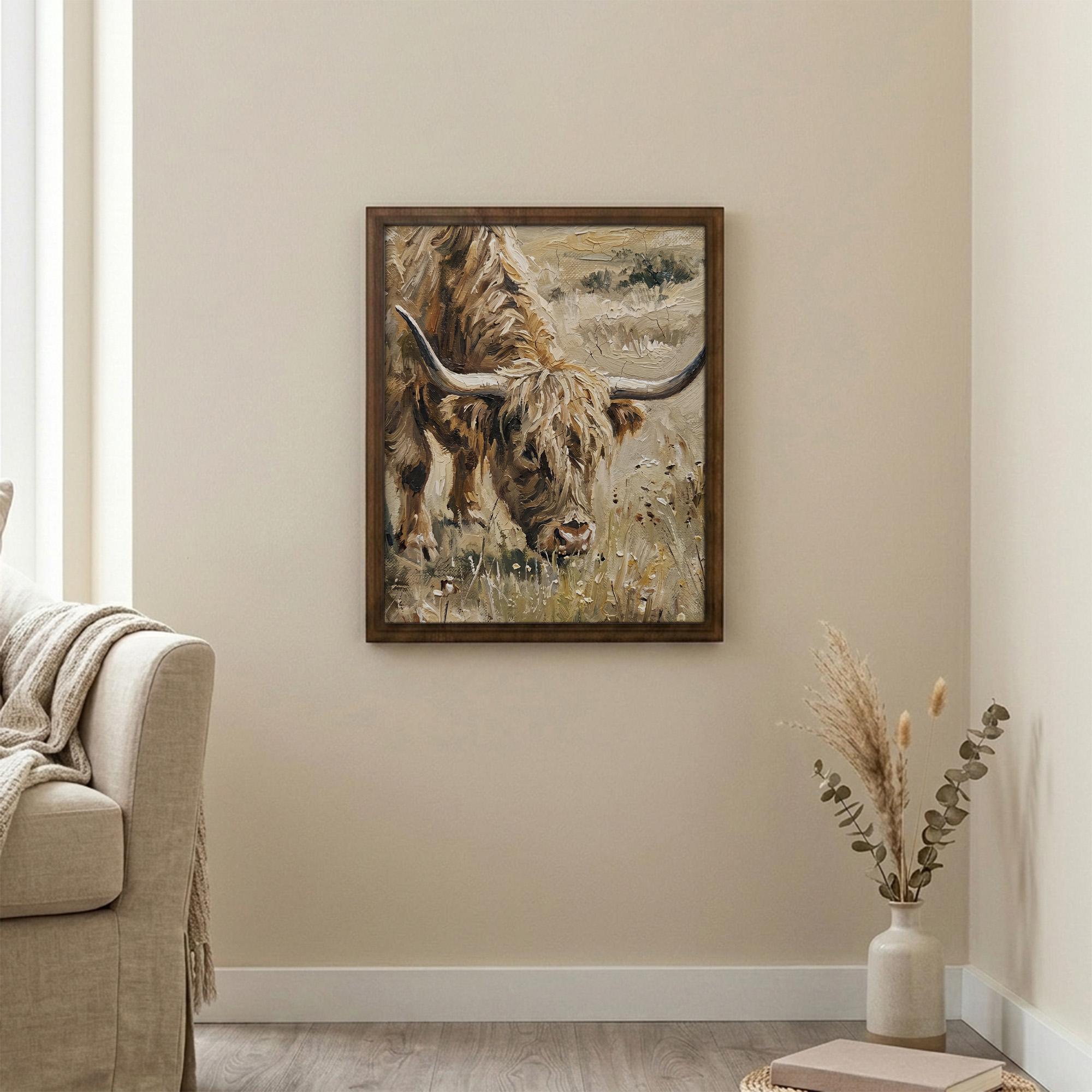 Highland Cow Oil Painting, Vintage Farmhouse Decor, Scottish Cattle Wall Art, Textured Canvas Print, Rustic Animal Poster, Wood Framed