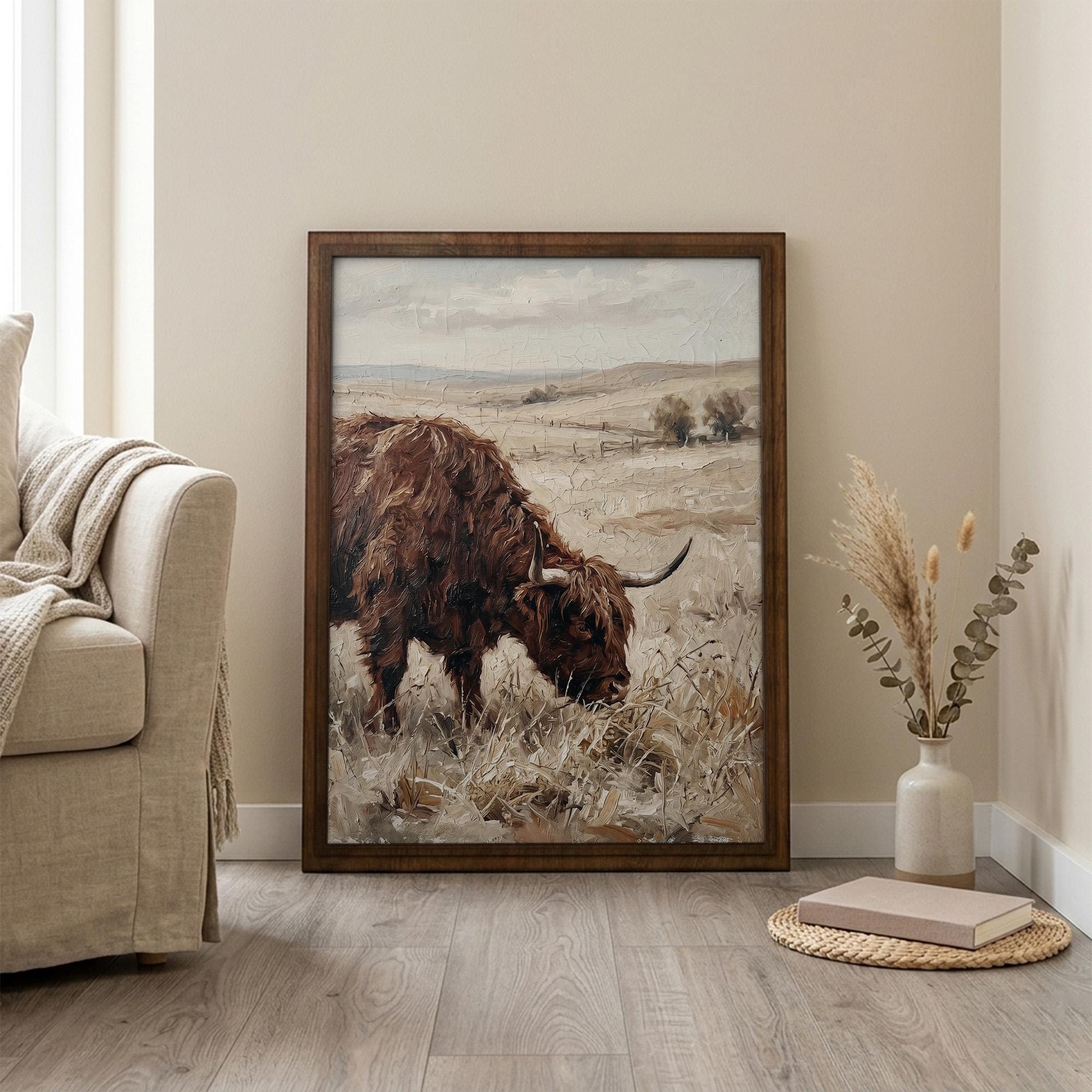 Framed Highland Cow Art, Vintage Farmhouse Decor, Scottish Cattle Painting, Rustic Meadow Canvas, Wood Frame Country Print, Western Decor