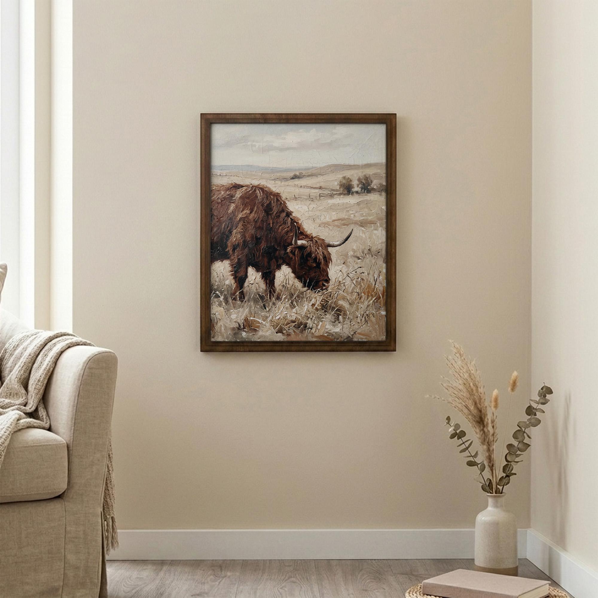 Framed Highland Cow Art, Vintage Farmhouse Decor, Scottish Cattle Painting, Rustic Meadow Canvas, Wood Frame Country Print, Western Decor