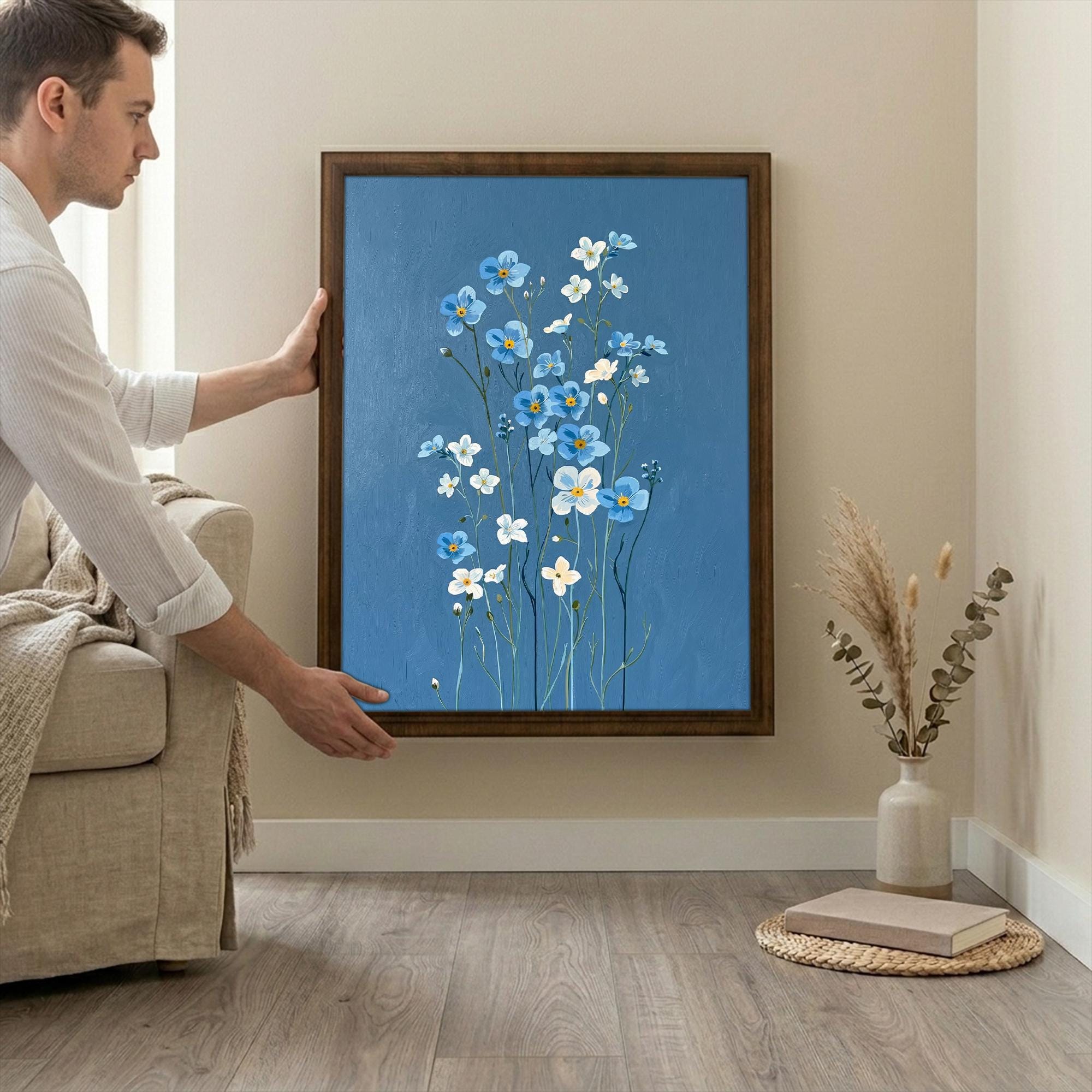 Floral Wall Art, Wood Picture Frame, Blue Flower Decor, 3D Layered Wood Sign, Flower Canvas Art, Wildflower Print, Cottagecore Home Decor