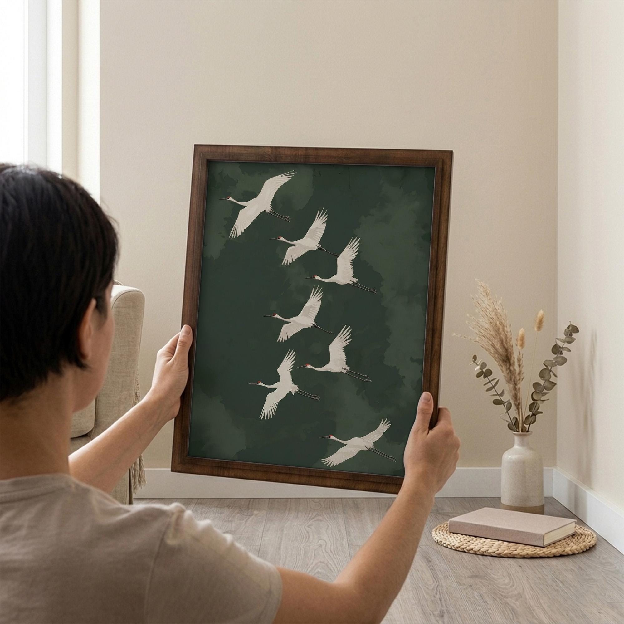 Crane Wall Art, Wood Picture Frame, Flying Bird Decor, 3D Layered Wood Sign, Japanese Art Print, Wildlife Canvas, Housewarming Gift
