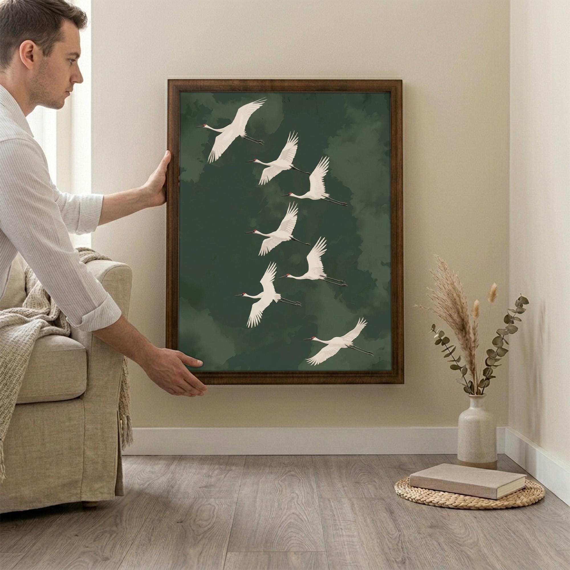 Crane Wall Art, Wood Picture Frame, Flying Bird Decor, 3D Layered Wood Sign, Japanese Art Print, Wildlife Canvas, Housewarming Gift