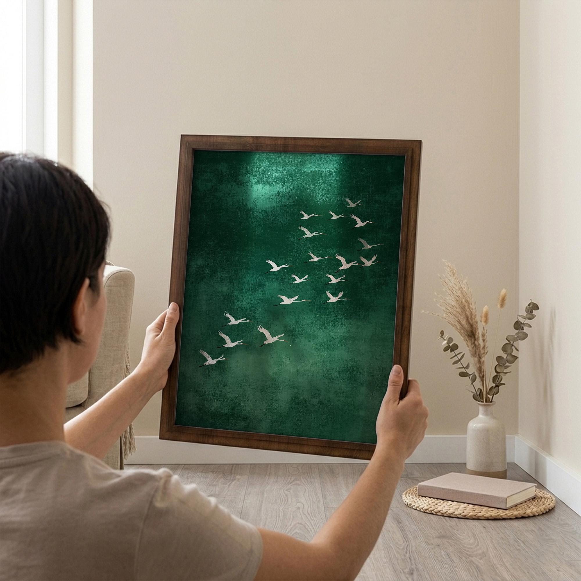 Crane Wall Art, Wood Picture Frame, Emerald Green Decor, 3D Layered Wood Sign, Flying Bird Canvas, Japanese Art Print, Housewarming Gift