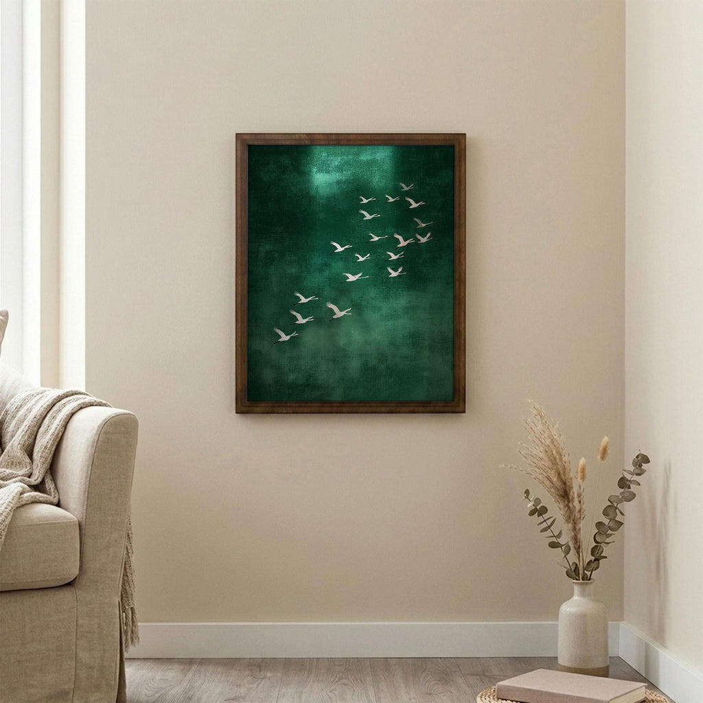 Crane Wall Art, Wood Picture Frame, Emerald Green Decor, 3D Layered Wood Sign, Flying Bird Canvas, Japanese Art Print, Housewarming Gift