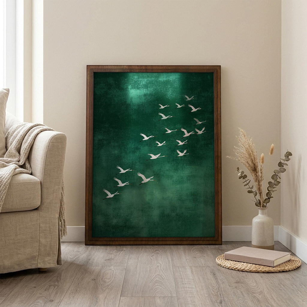 Crane Wall Art, Wood Picture Frame, Emerald Green Decor, 3D Layered Wood Sign, Flying Bird Canvas, Japanese Art Print, Housewarming Gift