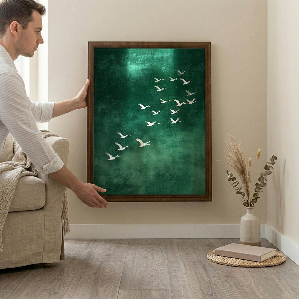 Crane Wall Art, Wood Picture Frame, Emerald Green Decor, 3D Layered Wood Sign, Flying Bird Canvas, Japanese Art Print, Housewarming Gift