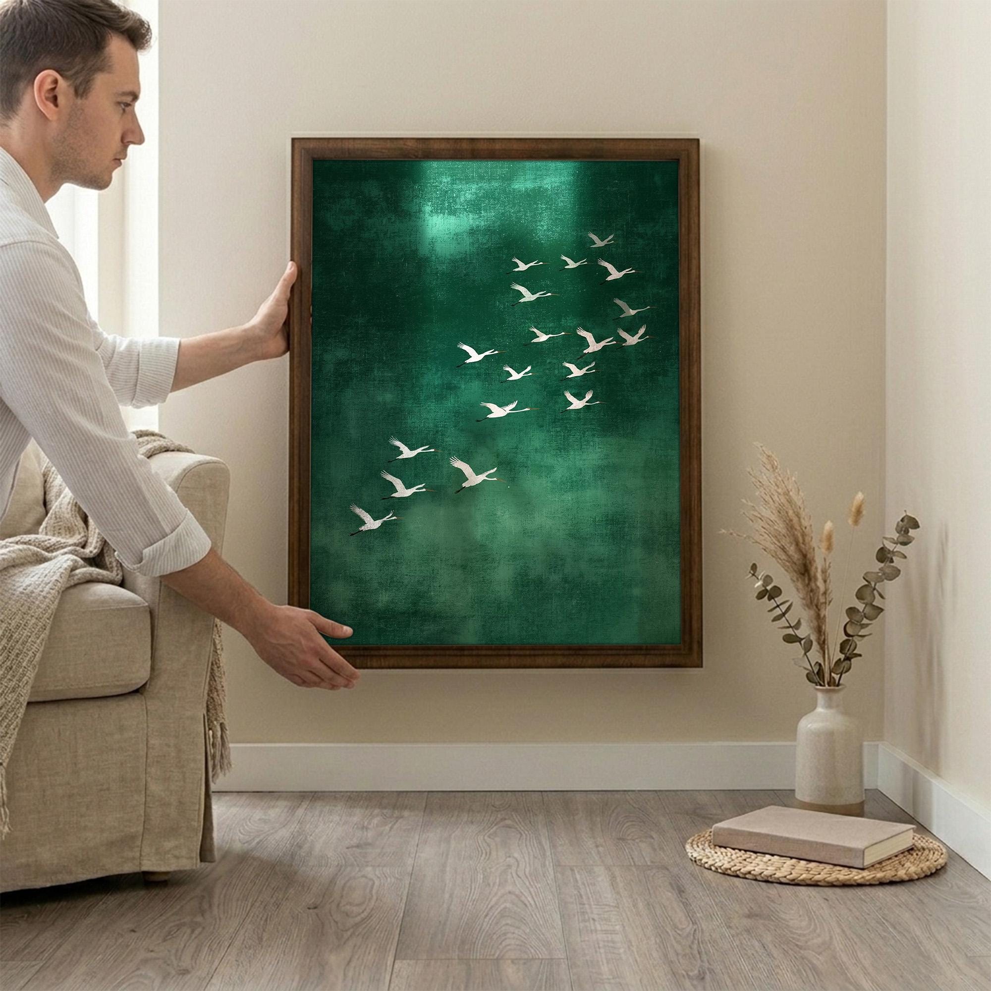 Crane Wall Art, Wood Picture Frame, Emerald Green Decor, 3D Layered Wood Sign, Flying Bird Canvas, Japanese Art Print, Housewarming Gift