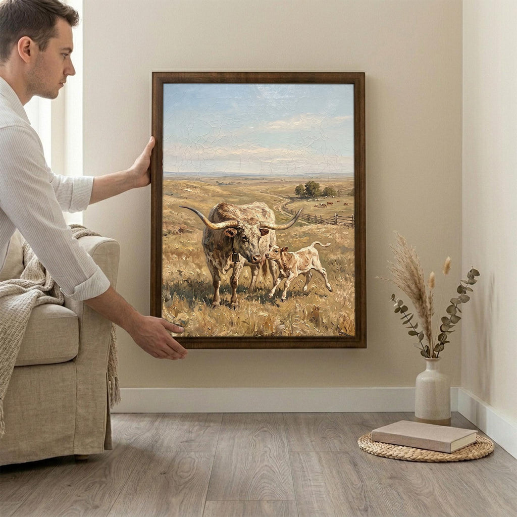 Longhorn Wall Art, Wood Picture Frame, Country Cow Decor, 3D Layered Wood Sign, Western Canvas Print, Farmhouse Gift, Rustic Home Decor