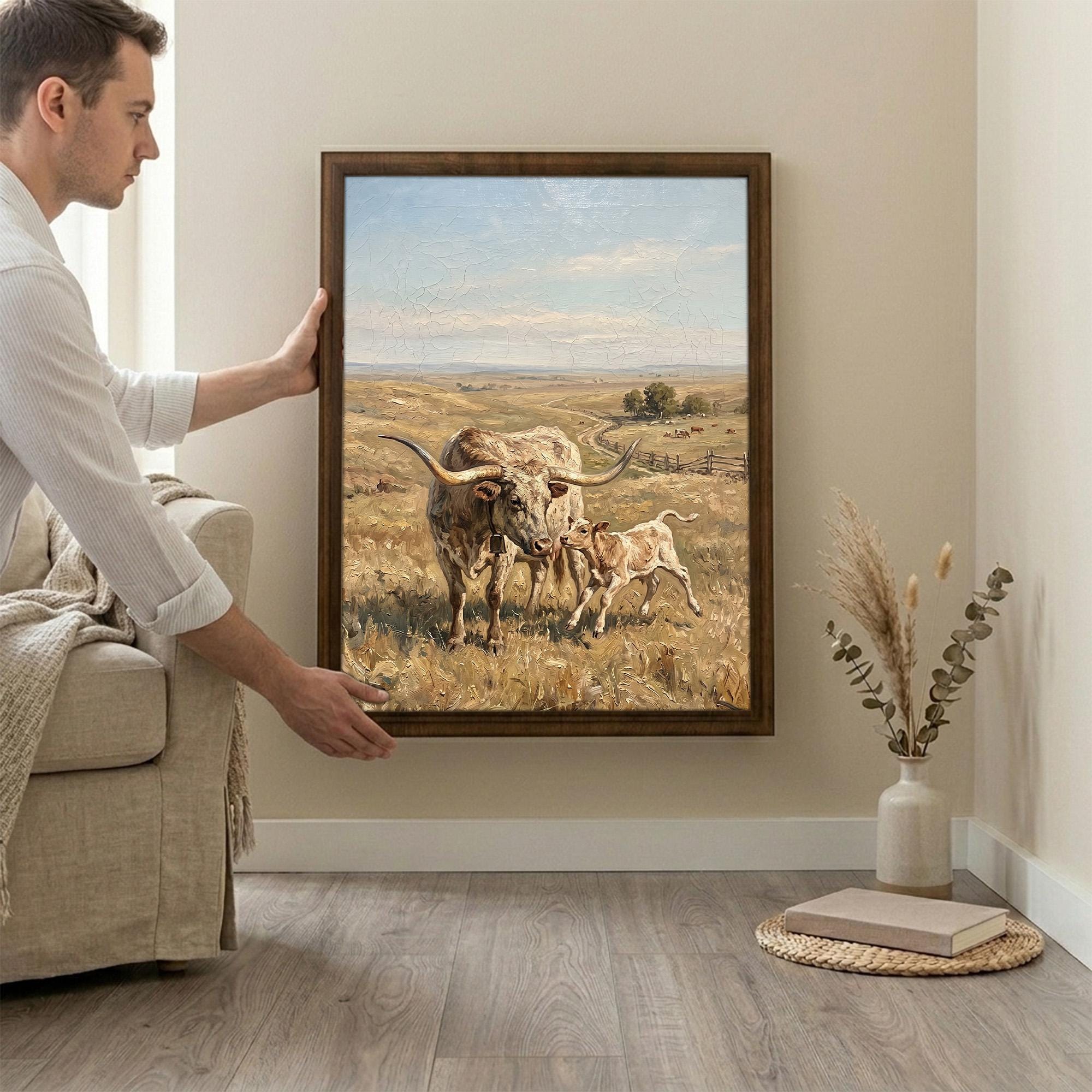 Longhorn Wall Art, Wood Picture Frame, Country Cow Decor, 3D Layered Wood Sign, Western Canvas Print, Farmhouse Gift, Rustic Home Decor