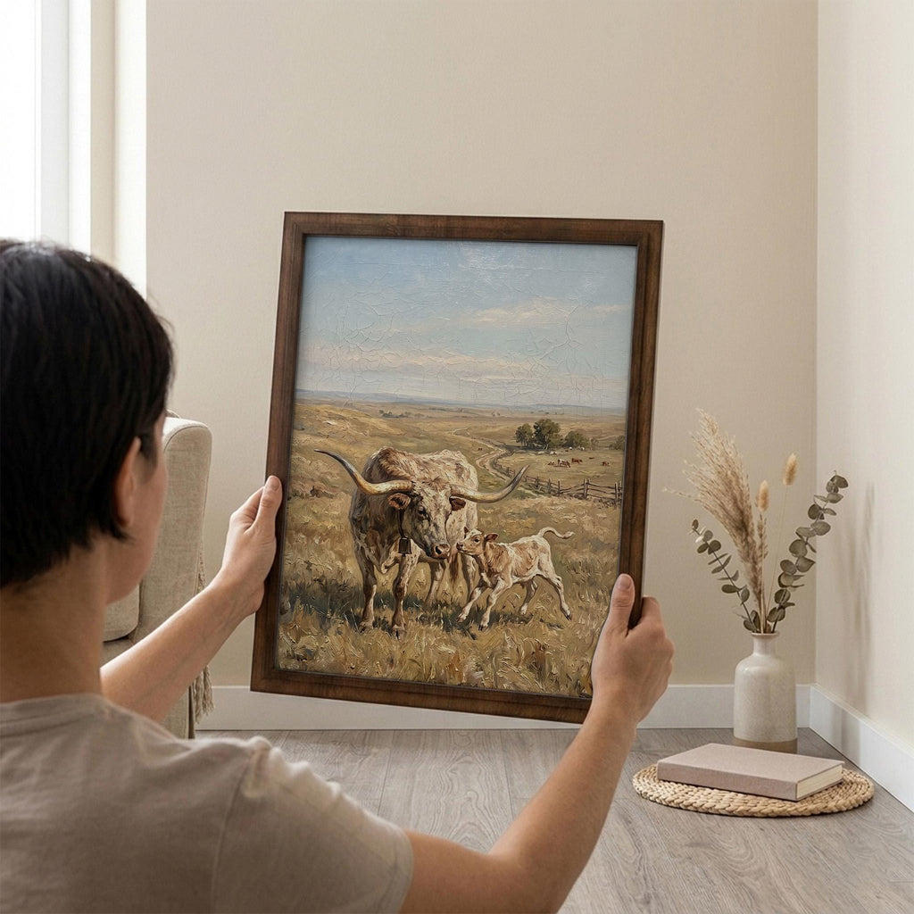 Longhorn Wall Art, Wood Picture Frame, Country Cow Decor, 3D Layered Wood Sign, Western Canvas Print, Farmhouse Gift, Rustic Home Decor