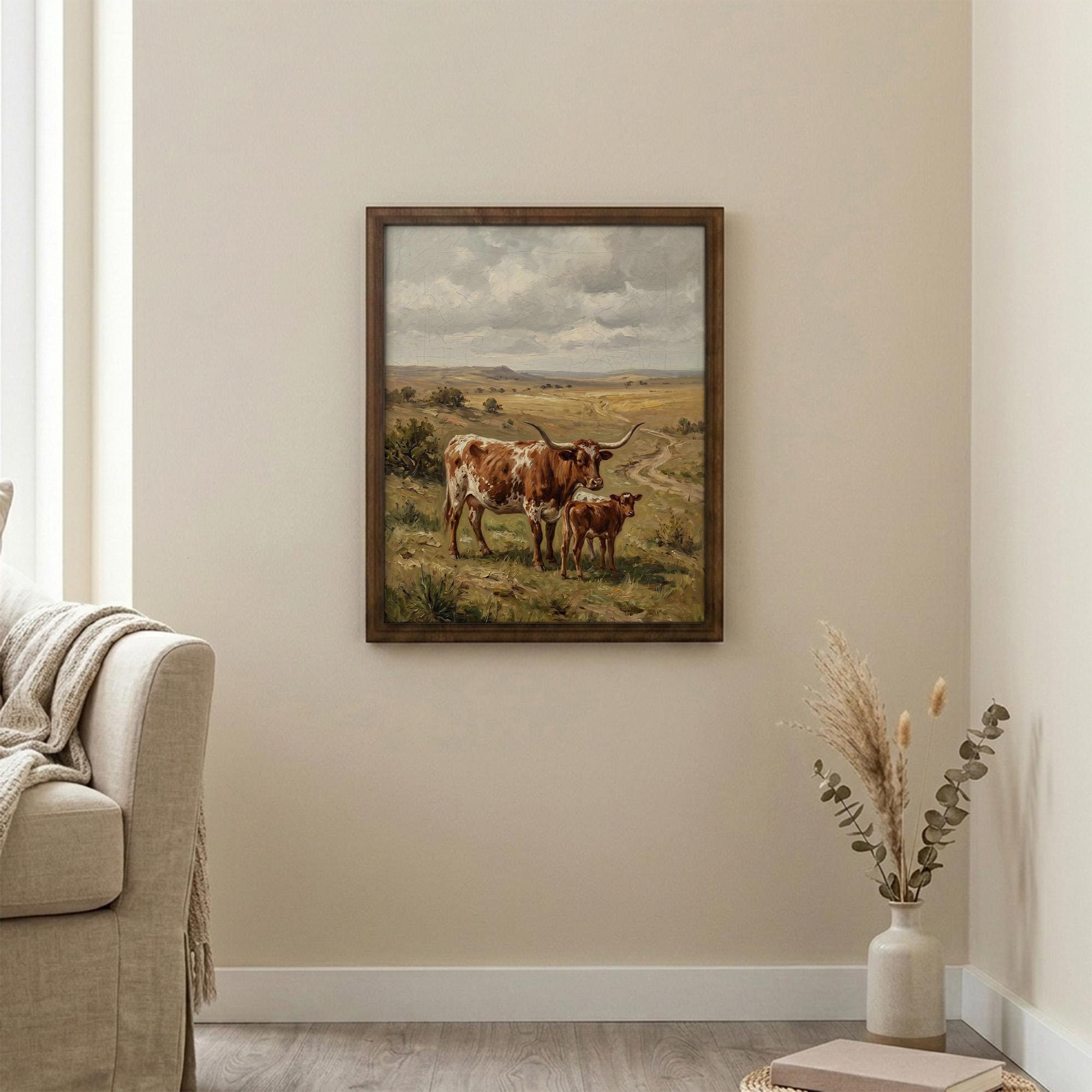 Longhorn Wall Art, Wood Picture Frame, Country Cow Decor, 3D Layered Wood Sign, Western Canvas Print, Farmhouse Gift, Rustic Home Decor