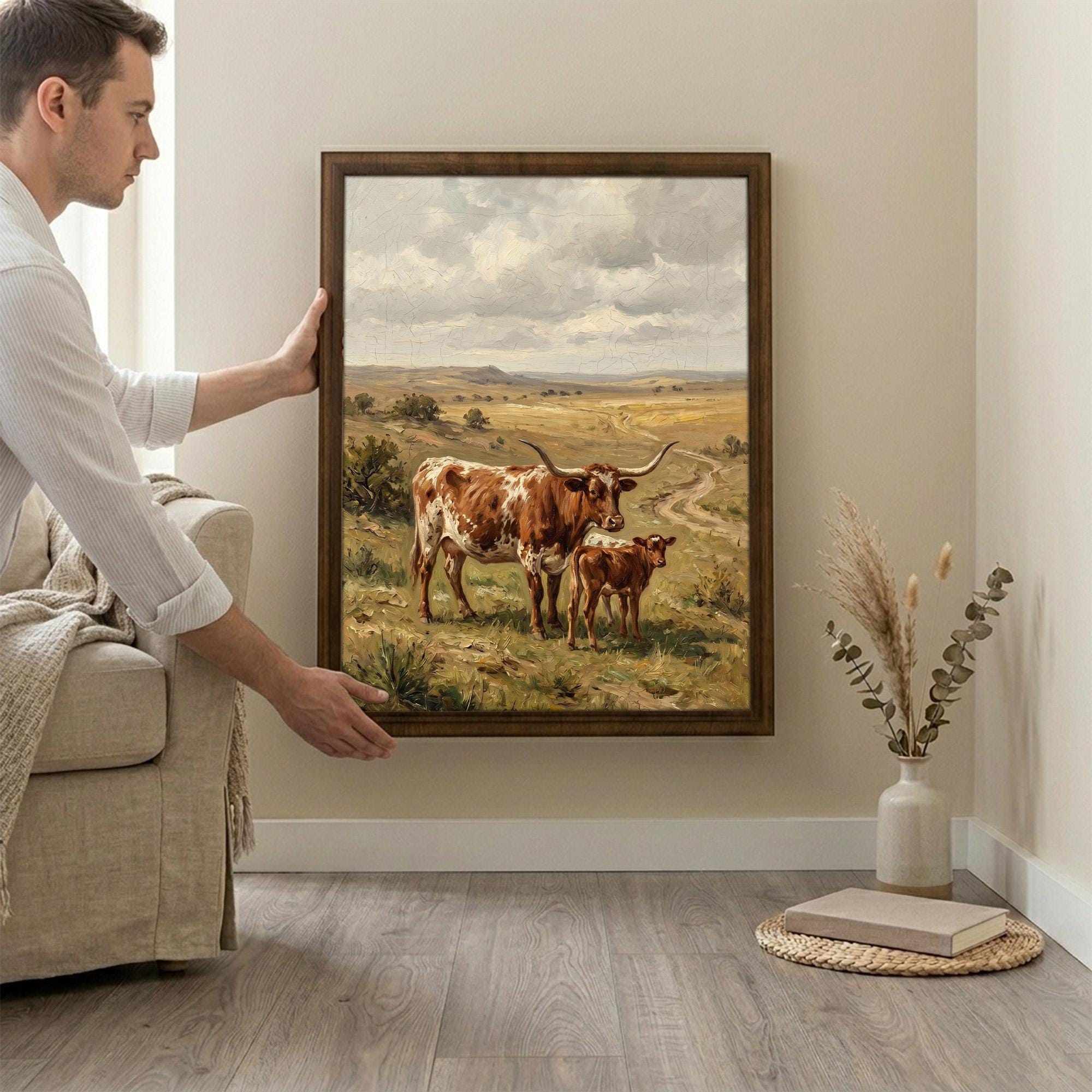 Longhorn Wall Art, Wood Picture Frame, Country Cow Decor, 3D Layered Wood Sign, Western Canvas Print, Farmhouse Gift, Rustic Home Decor