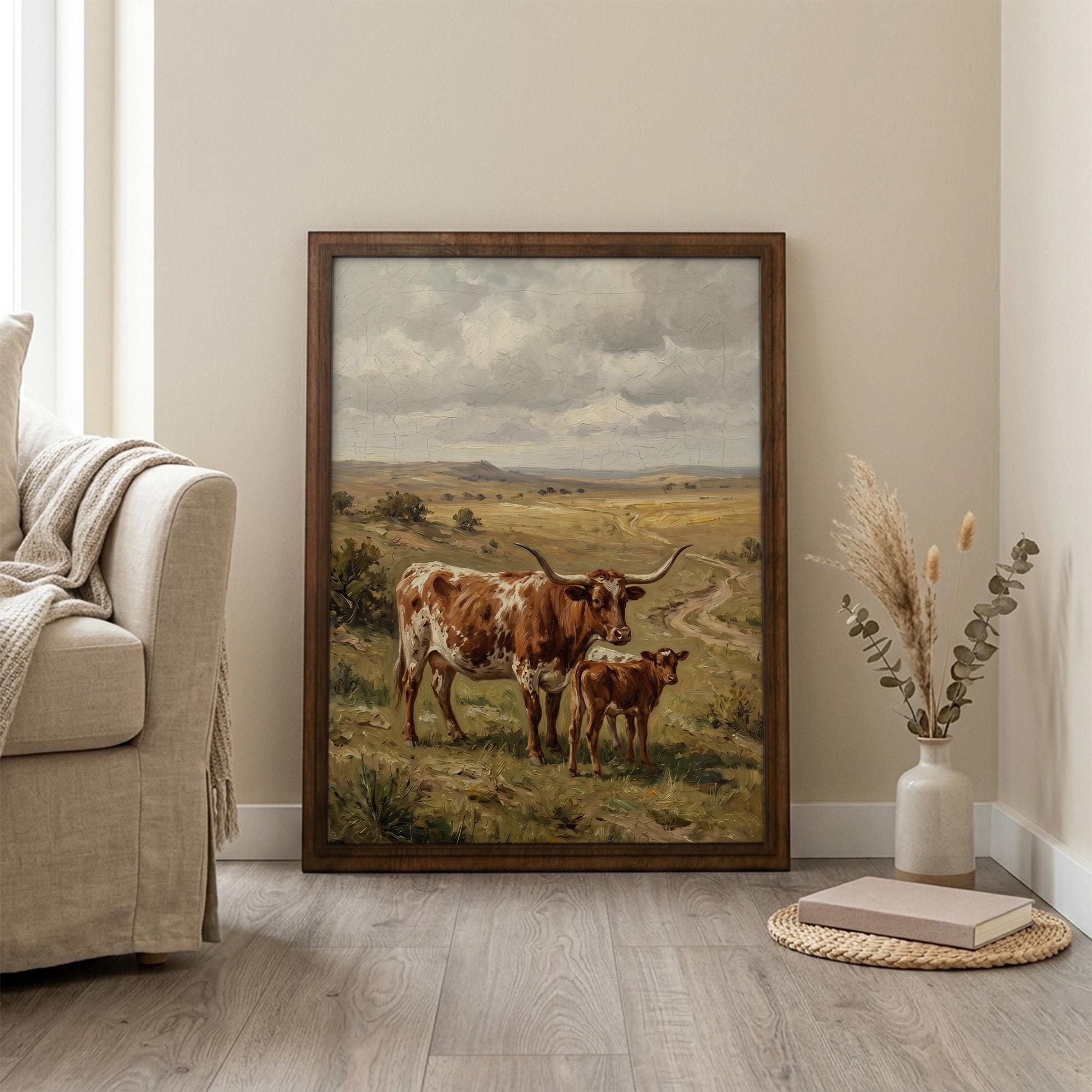 Longhorn Wall Art, Wood Picture Frame, Country Cow Decor, 3D Layered Wood Sign, Western Canvas Print, Farmhouse Gift, Rustic Home Decor