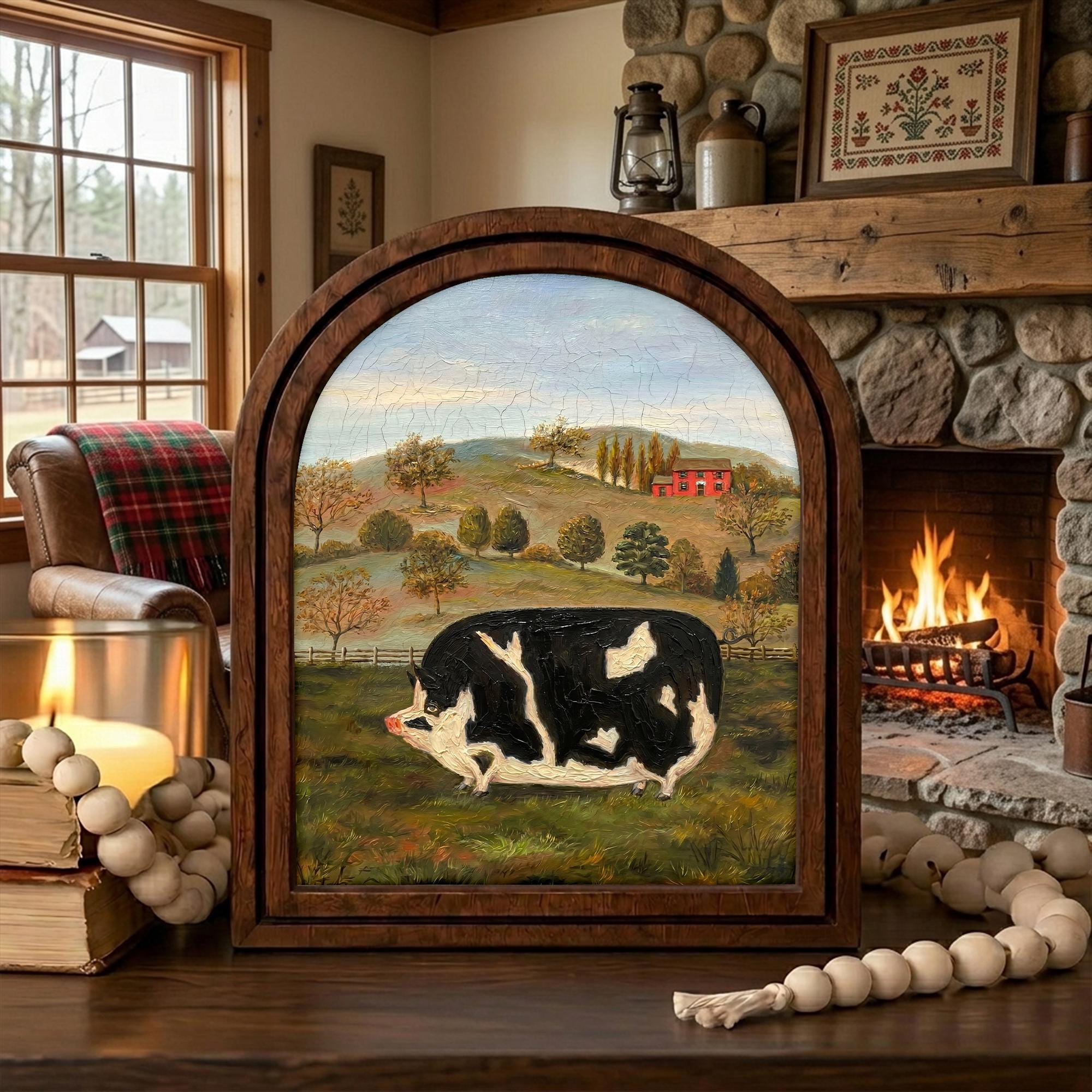 Farmhouse Wall Art, Vintage Pig Painting, Folk Art Animal Print, Country Home Decor, Rustic Wood Framed Art, Black White Pig, Tabletop Decor