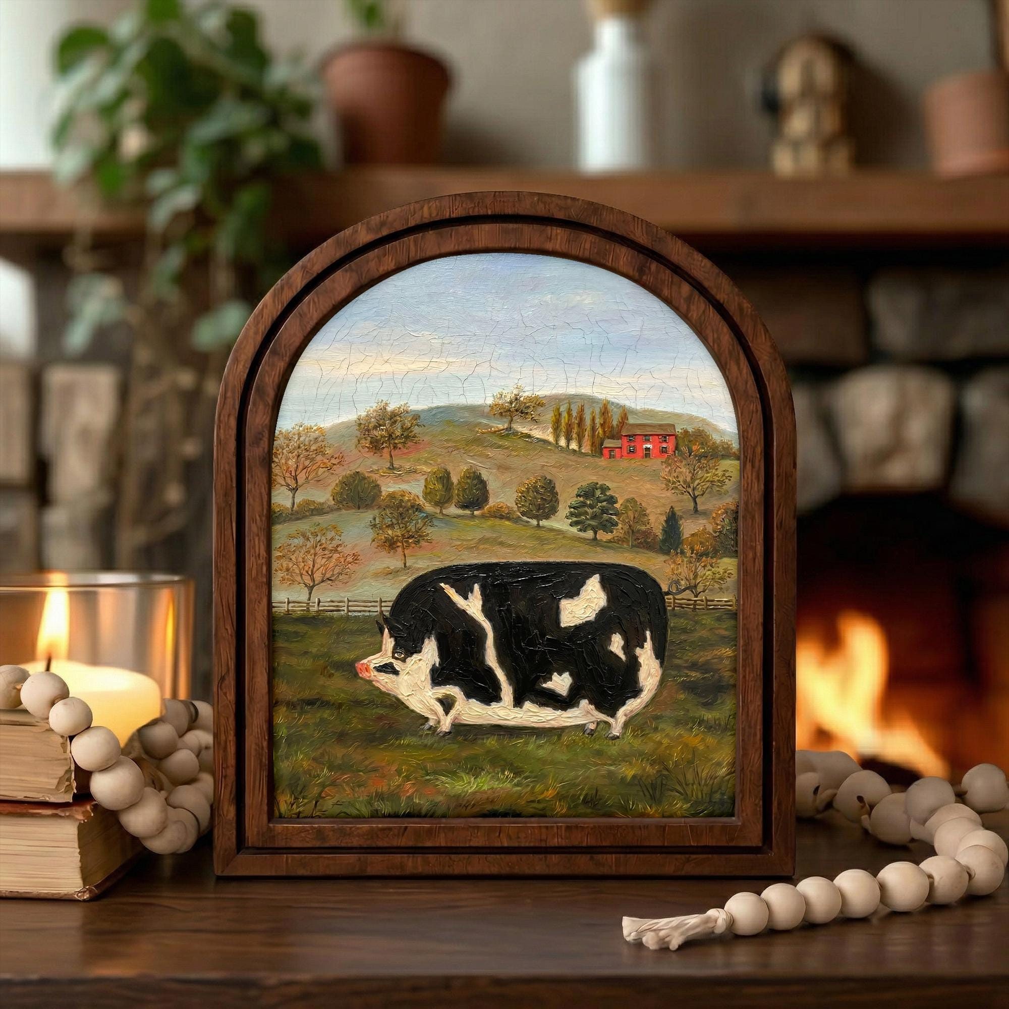 Farmhouse Wall Art, Vintage Pig Painting, Folk Art Animal Print, Country Home Decor, Rustic Wood Framed Art, Black White Pig, Tabletop Decor