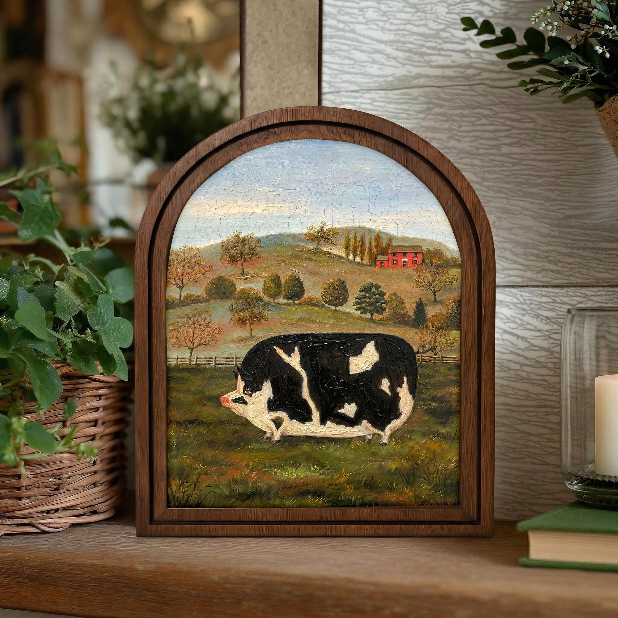 Farmhouse Wall Art, Vintage Pig Painting, Folk Art Animal Print, Country Home Decor, Rustic Wood Framed Art, Black White Pig, Tabletop Decor