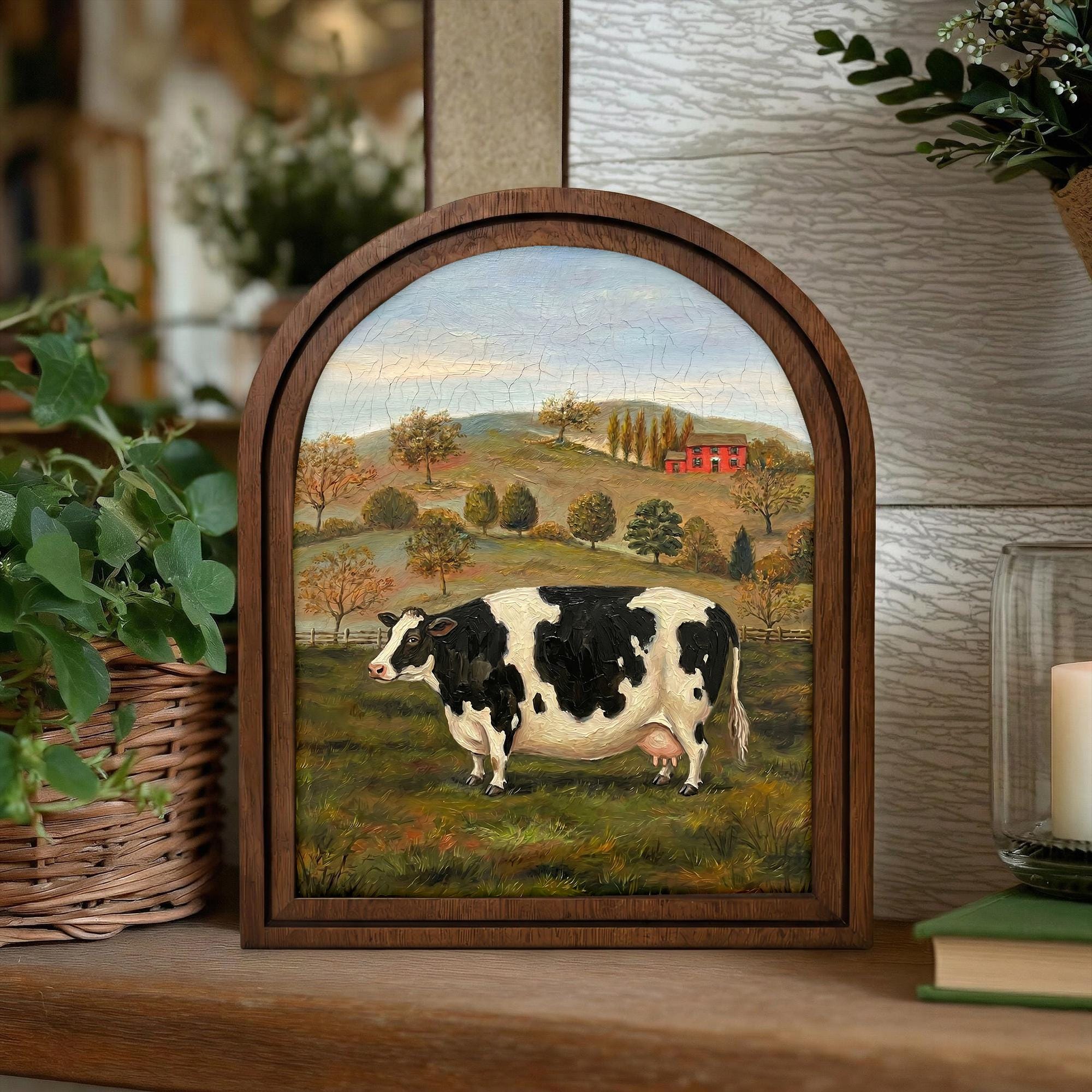 Arched Cow Frame, Country Farmhouse Decor, Wooden Cow Art, Rustic Wood Frame, Canvas Farm Art, 3D Layered Frame, Cow Lover Gift Wall Decor