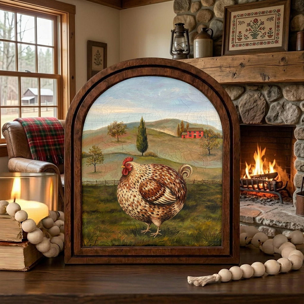 Arched Chicken Frame, Country Farmhouse Decor, Wooden Hen Art, Rustic Wood Frame, Canvas Farm Art, 3D Layered Frame, Wall Hanging Art Decor