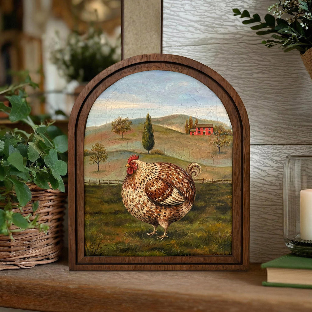 Arched Chicken Frame, Country Farmhouse Decor, Wooden Hen Art, Rustic Wood Frame, Canvas Farm Art, 3D Layered Frame, Wall Hanging Art Decor