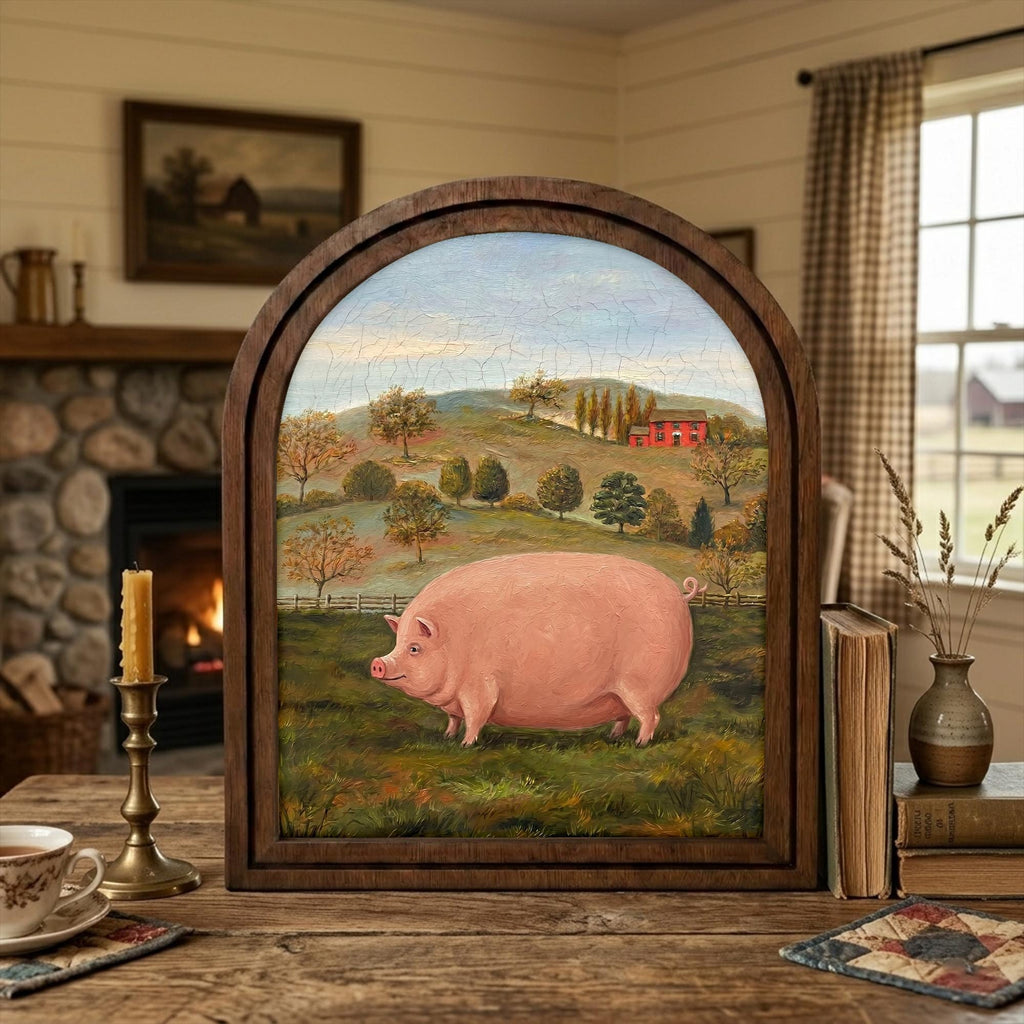 Arched Pig Frame, Country Farmhouse Decor, Wooden Pig Art, Rustic Wood Frame, Canvas Farm Art, 3D Layered Frame, Pig Lover Gift Wall Decor