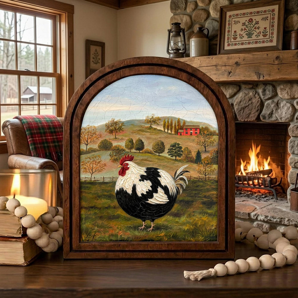 Arched Rooster Frame, Country Farmhouse Decor, Wooden Rooster Art, Rustic Wood Frame, Canvas Farm Art, 3D Layered Frame, Wall Hanging Art