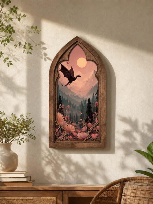 Dragon Forest Gothic Arch Wall Art, Fantasy Window Decor, Enchanted Woodland Dragon Artwork, Cottagecore Fantasy Art
