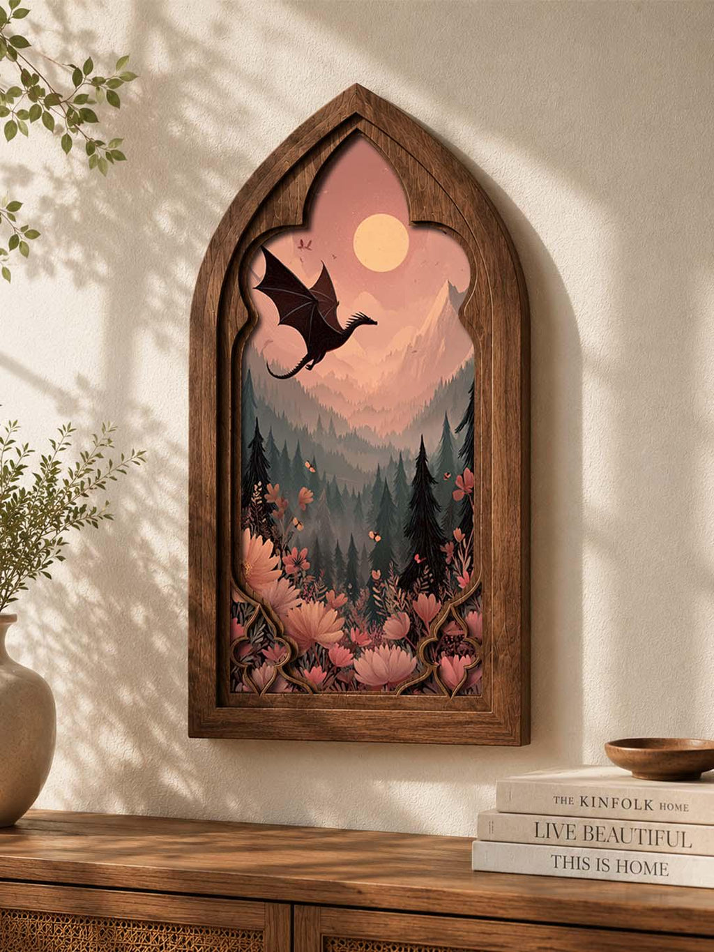 Dragon Forest Gothic Arch Wall Art, Fantasy Window Decor, Enchanted Woodland Dragon Artwork, Cottagecore Fantasy Art