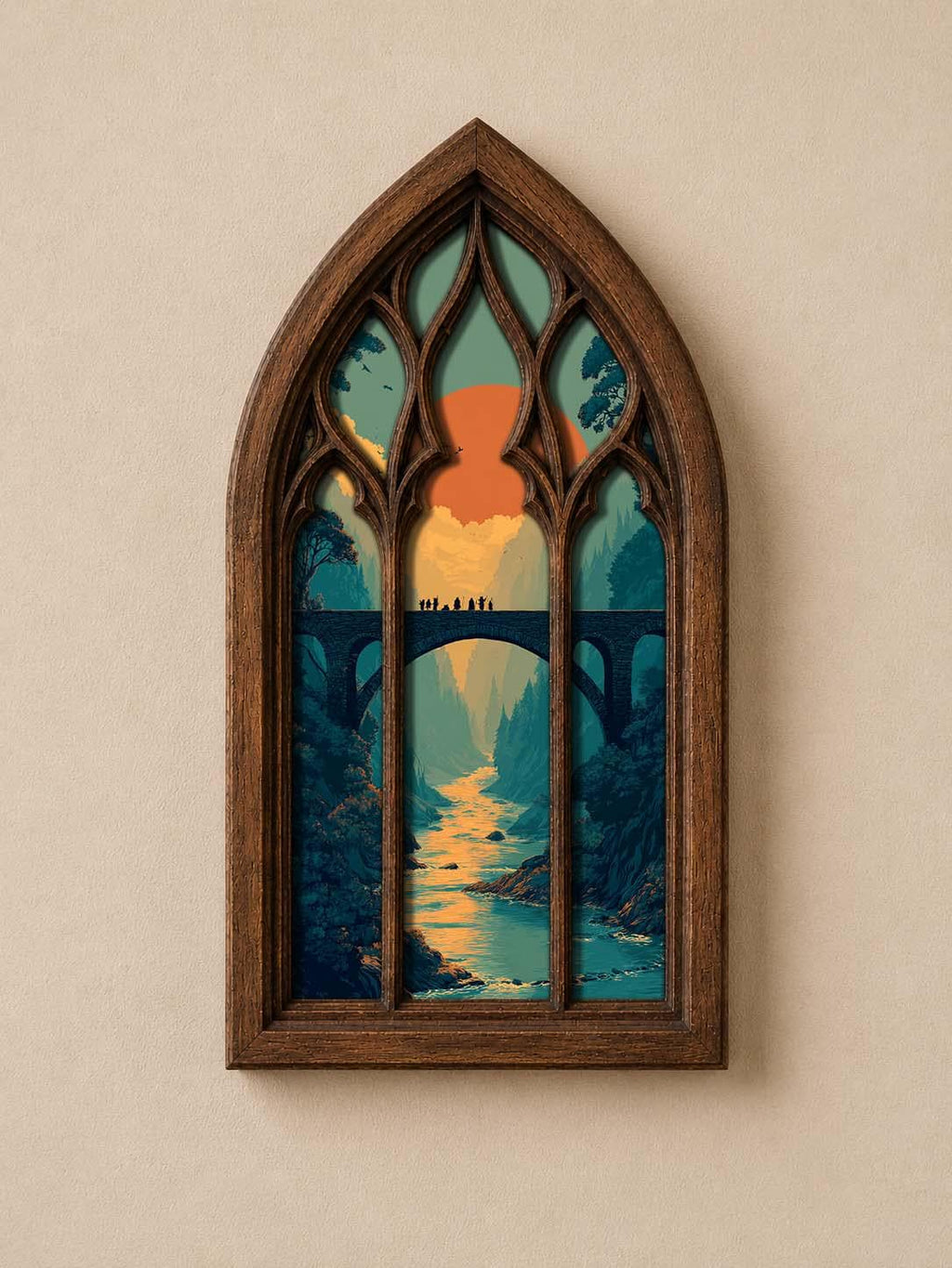 Fantasy Fellowship Gothic Window Wall Art, Medieval Bridge Landscape Decor, Layered Fantasy Adventure Artwork