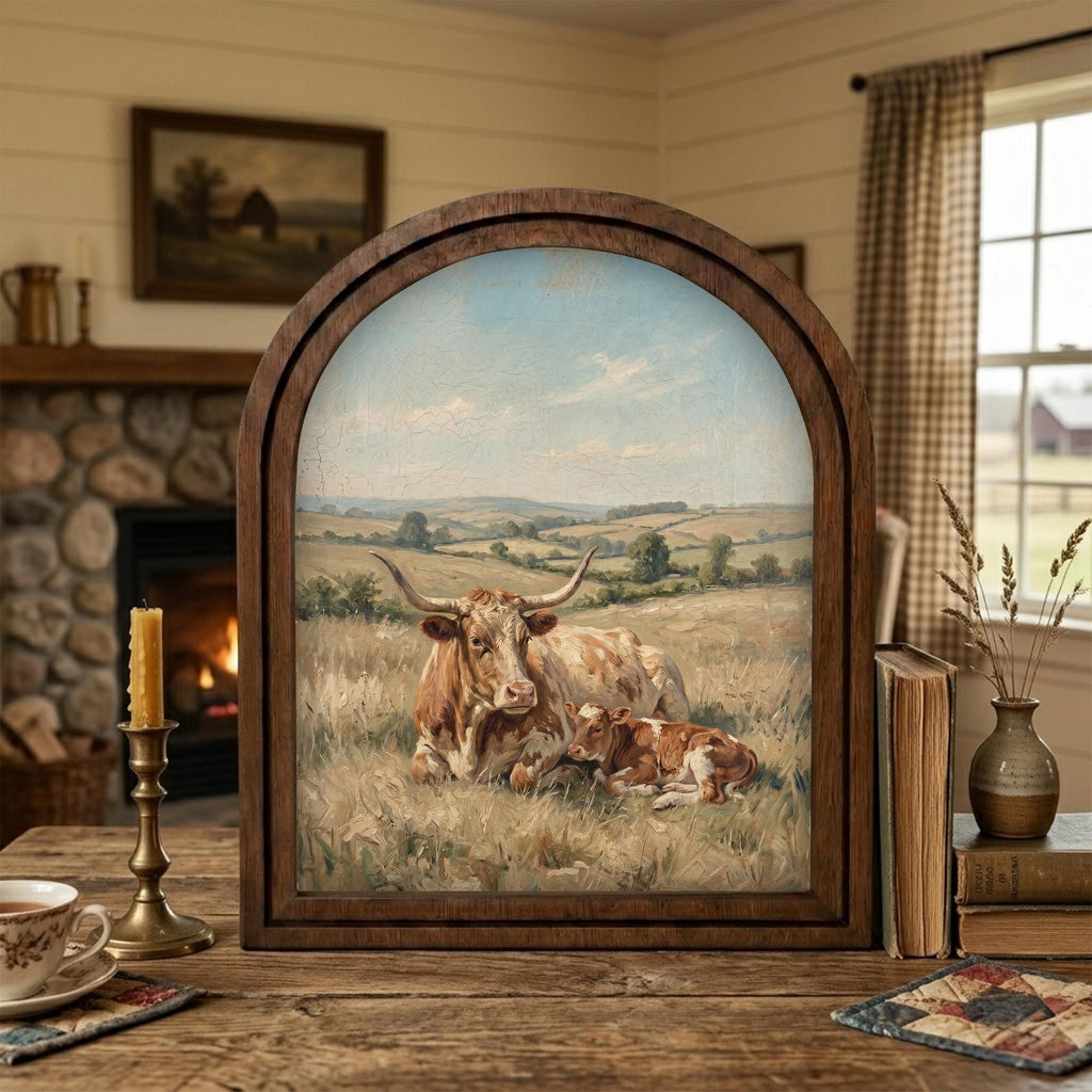 Arched Longhorn Frame, Country Farmhouse Decor, Wooden Cow Art, Rustic Wood Frame, Canvas Farm Art, 3D Layered Frame, Cow Lover Gift Decor