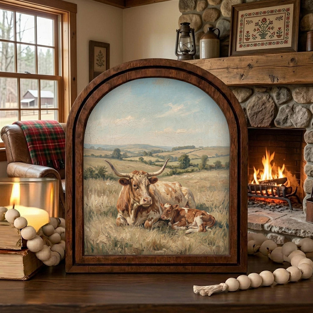 Arched Longhorn Frame, Country Farmhouse Decor, Wooden Cow Art, Rustic Wood Frame, Canvas Farm Art, 3D Layered Frame, Cow Lover Gift Decor