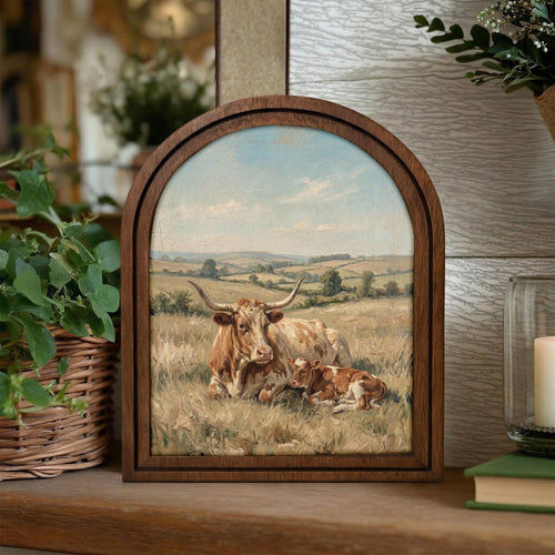 Arched Longhorn Frame, Country Farmhouse Decor, Wooden Cow Art, Rustic Wood Frame, Canvas Farm Art, 3D Layered Frame, Cow Lover Gift Decor