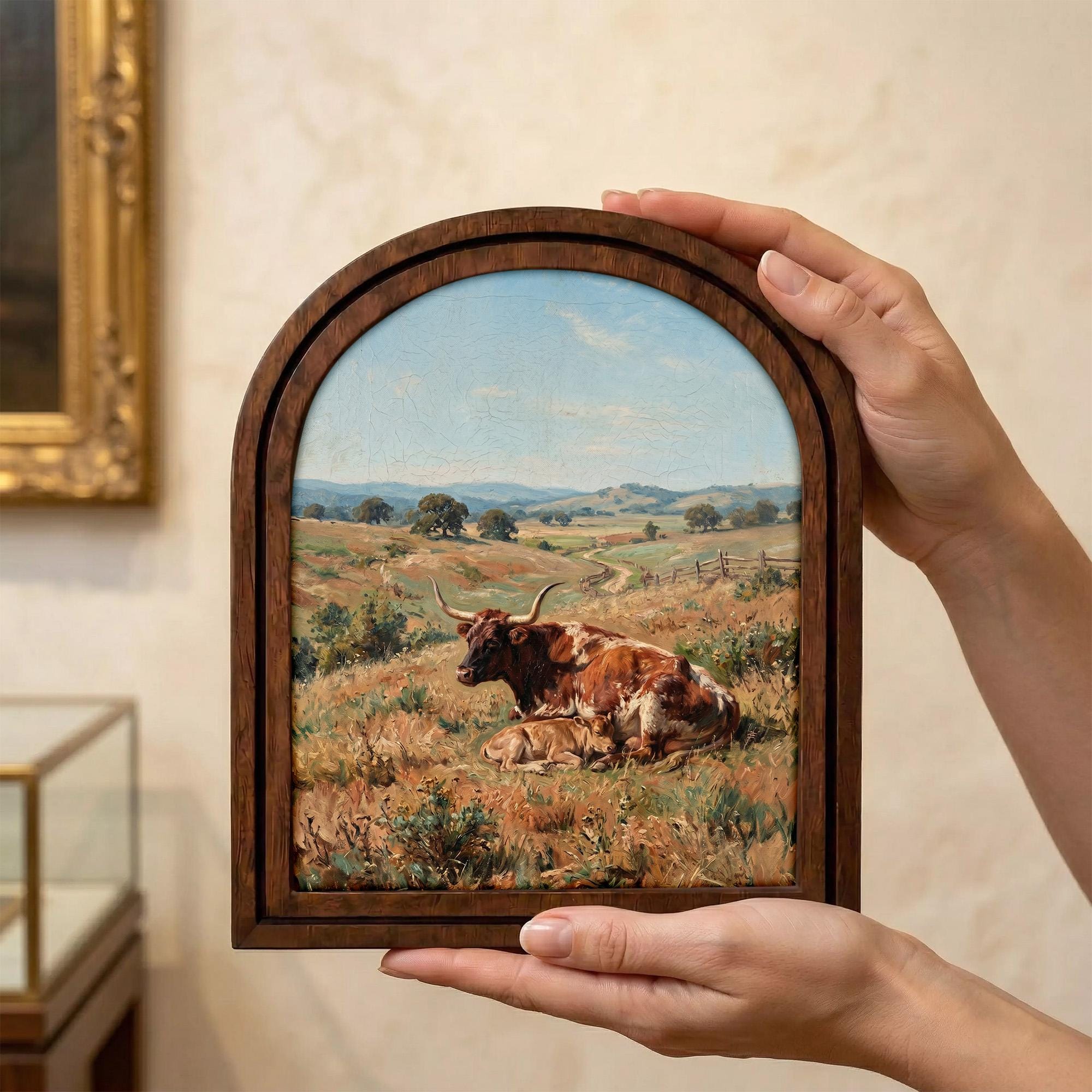Arched Longhorn Frame, Country Farmhouse Decor, Wooden Cow Art, Rustic Wood Frame, Canvas Farm Art, 3D Layered Frame, Cow Lover Gift Decor